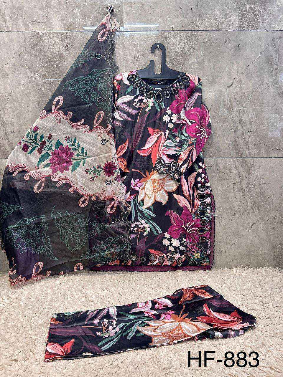 HOOR TEX HF 883 SATIN DIGITAL PRINT WITH FANCY WORK READY MADE PAKISTANI DRESS ( 4 PCS CATALOG )