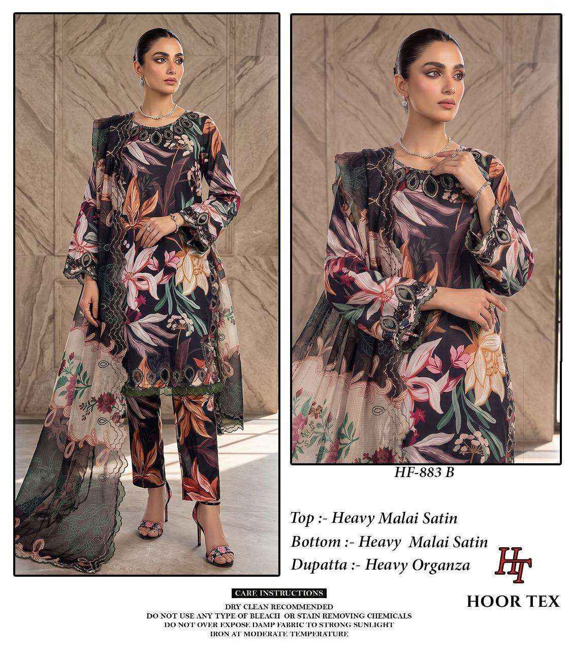 HOOR TEX HF 883 SATIN DIGITAL PRINT WITH FANCY WORK READY MADE PAKISTANI DRESS ( 4 PCS CATALOG )