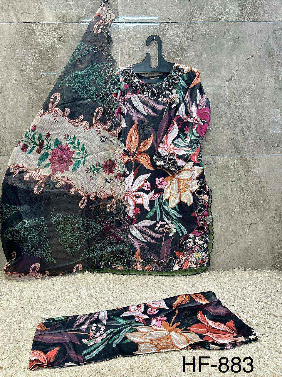HOOR TEX HF 883 SATIN DIGITAL PRINT WITH FANCY WORK READY MADE PAKISTANI DRESS ( 4 PCS CATALOG )