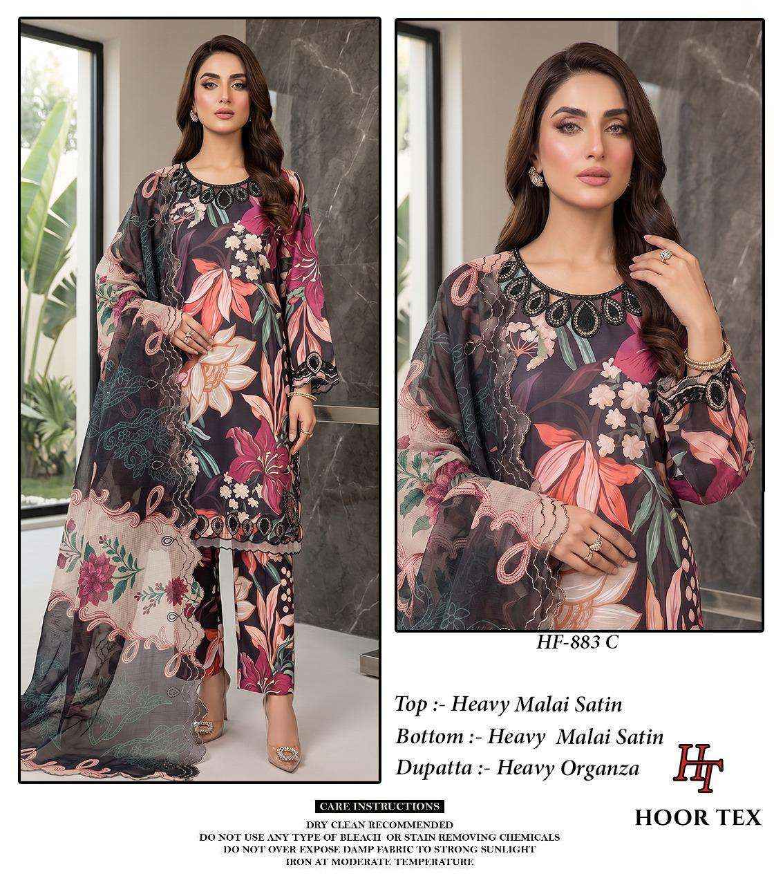 HOOR TEX HF 883 SATIN DIGITAL PRINT WITH FANCY WORK READY MADE PAKISTANI DRESS ( 4 PCS CATALOG )