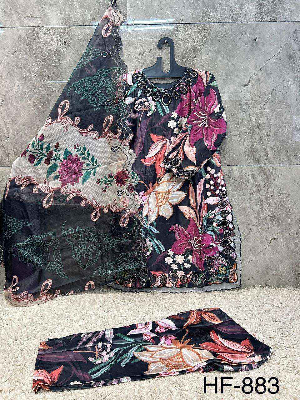 HOOR TEX HF 883 SATIN DIGITAL PRINT WITH FANCY WORK READY MADE PAKISTANI DRESS ( 4 PCS CATALOG )