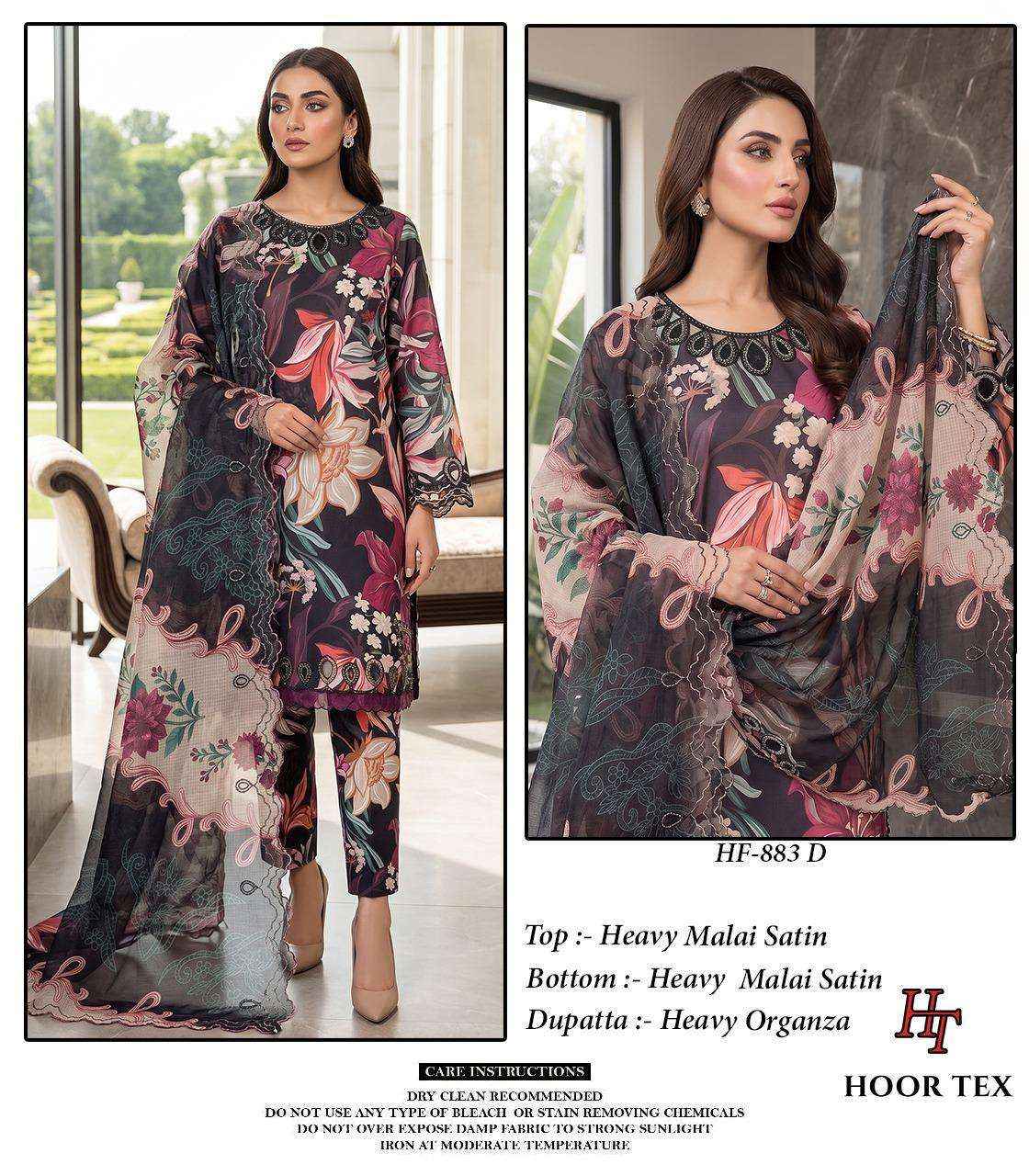 HOOR TEX HF 883 SATIN DIGITAL PRINT WITH FANCY WORK READY MADE PAKISTANI DRESS ( 4 PCS CATALOG )