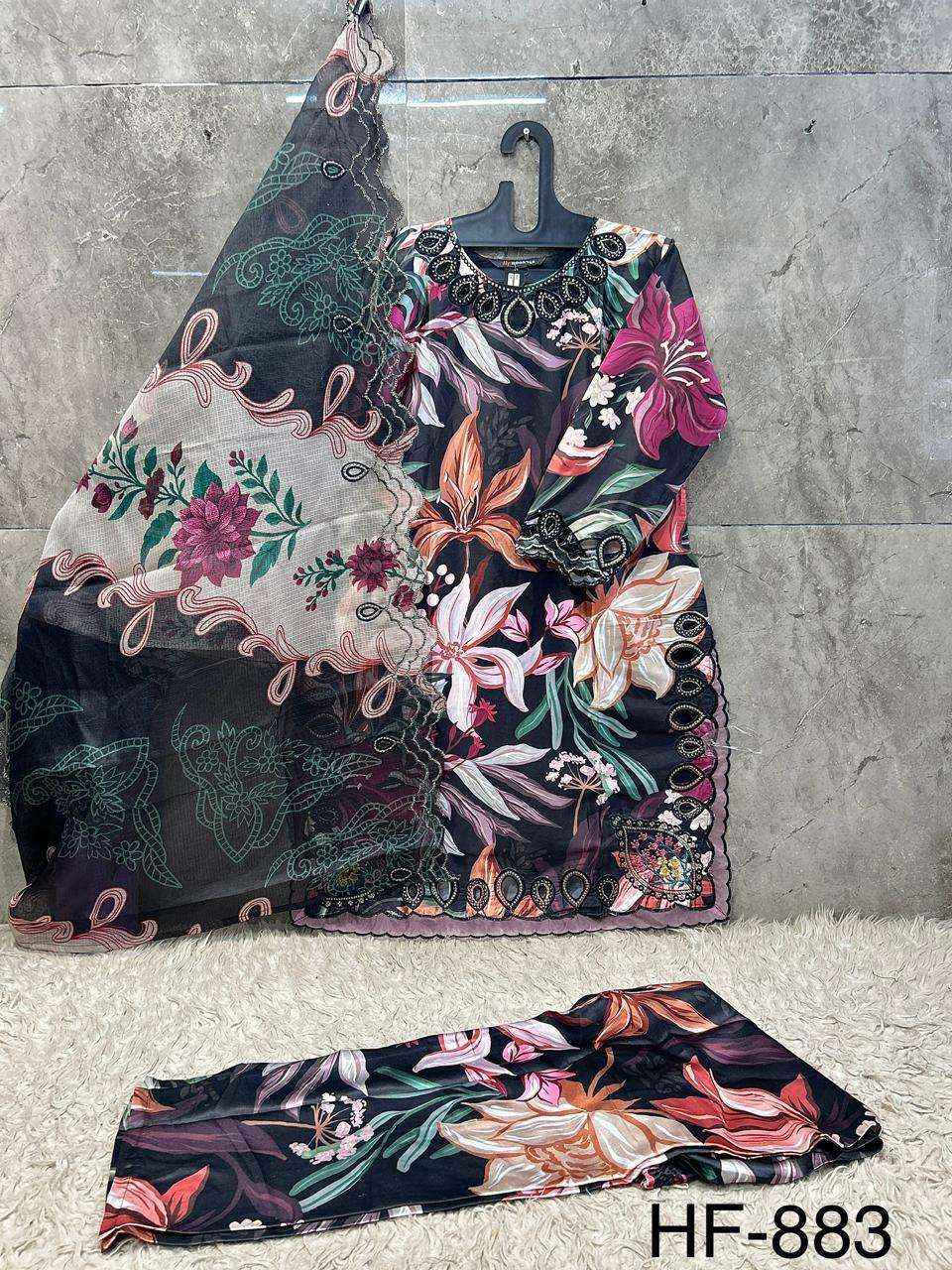HOOR TEX HF 883 SATIN DIGITAL PRINT WITH FANCY WORK READY MADE PAKISTANI DRESS ( 4 PCS CATALOG )