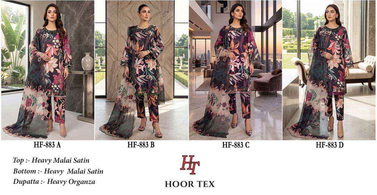 HOOR TEX HF 883 SATIN DIGITAL PRINT WITH FANCY WORK READY MADE PAKISTANI DRESS ( 4 PCS CATALOG )