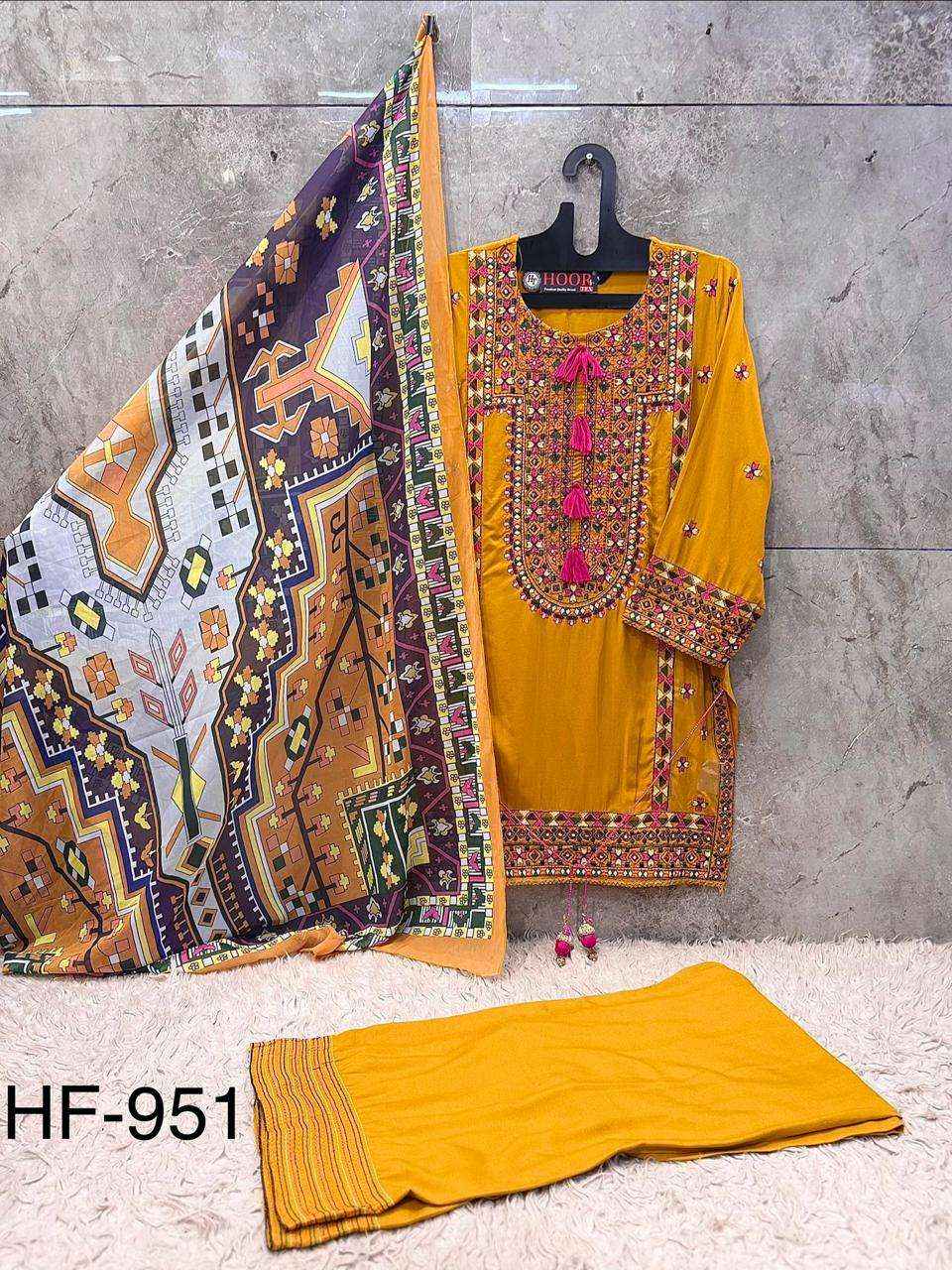 HOOR TEX HF 951 SATIN DESIGNER WORK READY MADE PAKISTANI SUIT_  WHOLESALE FACTORY RATE ( 4 PCS CATALOG )