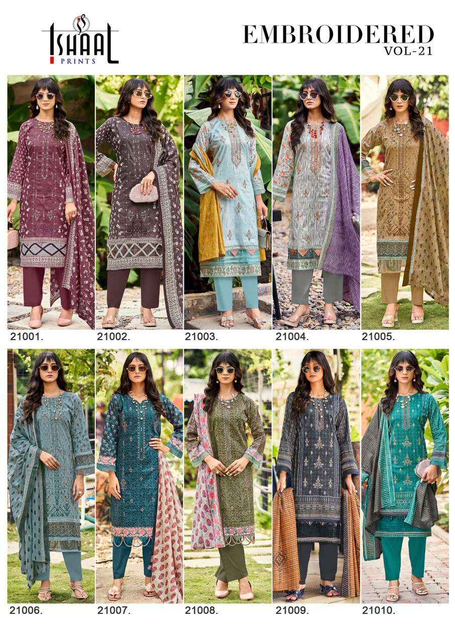 Ishaal Embroidered Vol 21 Lawn Cotton Dress Material Wholesale Surat ( 10 pcs Catalogue )