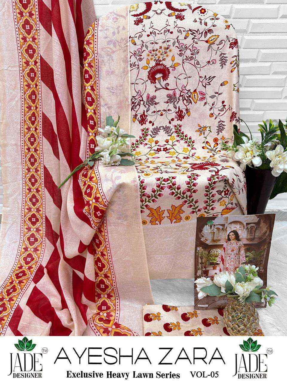 JADE AYESHA ZARA VOL 5 LAWN COTTON DIGITAL PRINT DRESS MATERIAL _ WHOLESALE FACTORY RATE ( 6 PCS CATALOG )