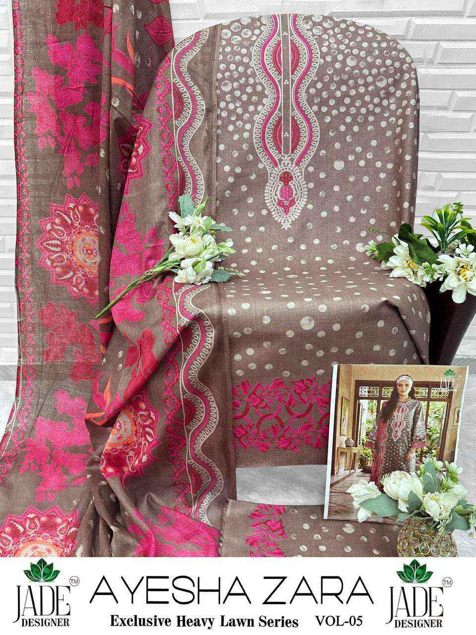 JADE AYESHA ZARA VOL 5 LAWN COTTON DIGITAL PRINT DRESS MATERIAL _ WHOLESALE FACTORY RATE ( 6 PCS CATALOG )