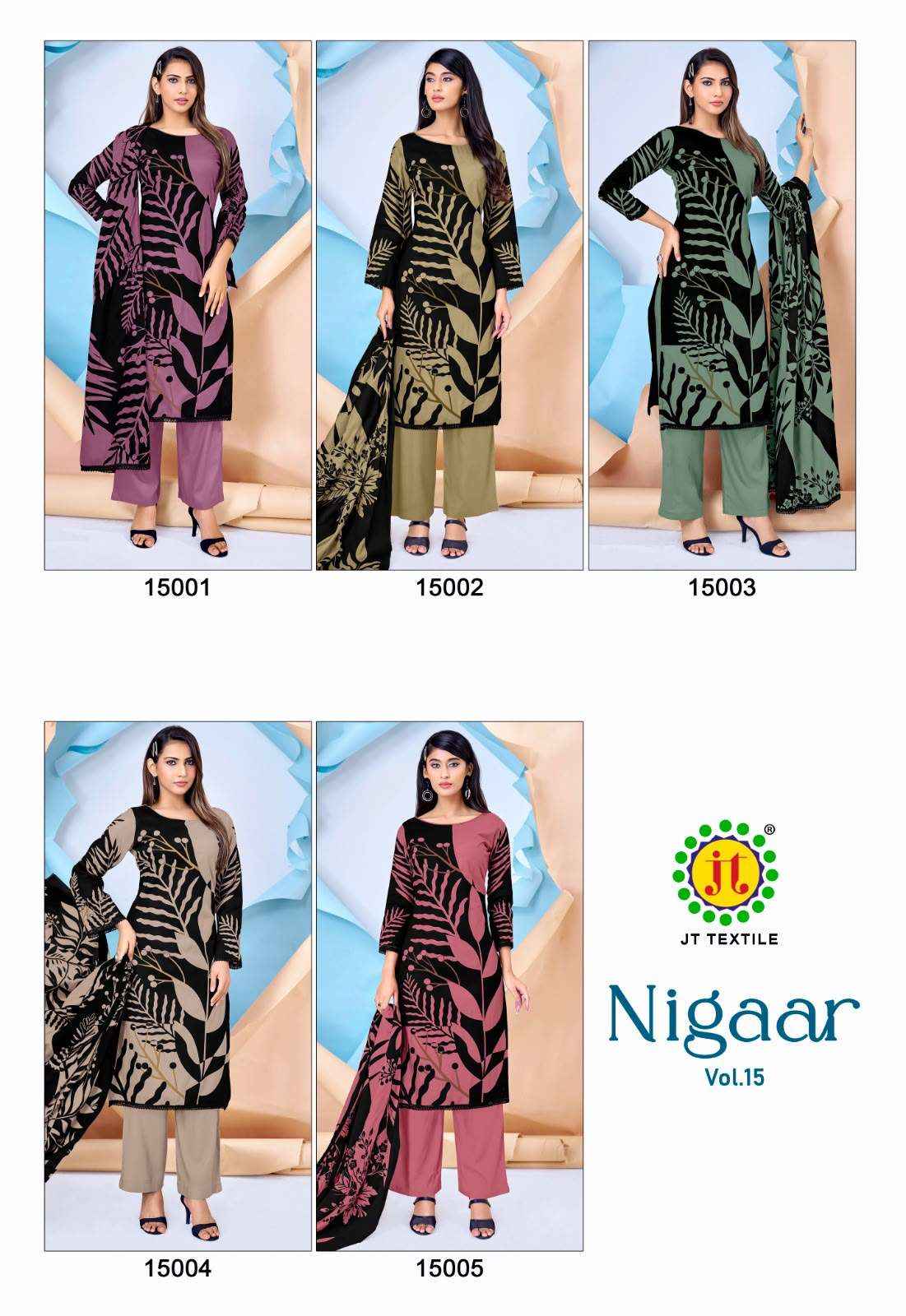 JT NIGAAR VOL 15 RAYON FANCY WORKS LADIES DRESS MATERIAL _ WHOLESALE FACTORY RATE ( 5 PCS CATALOG )