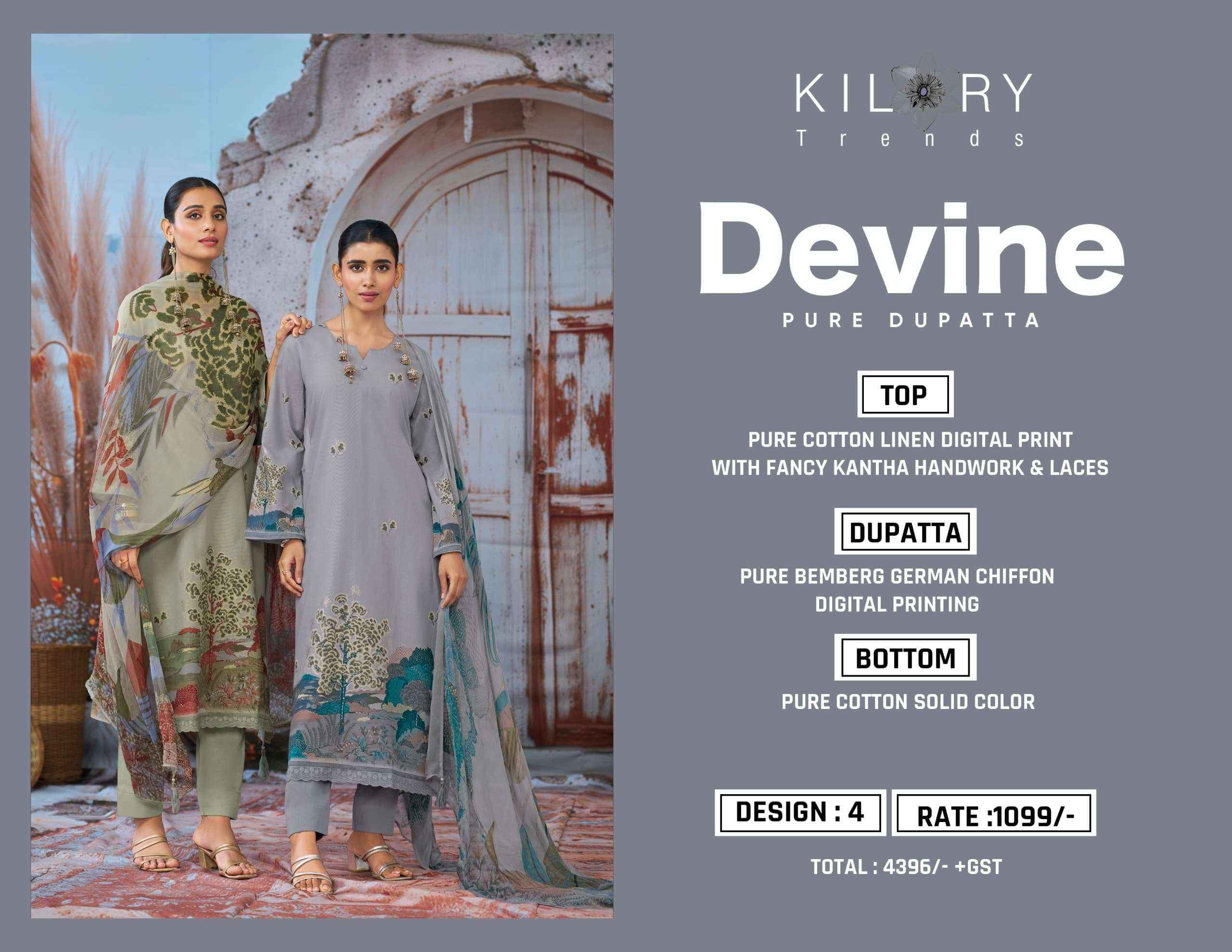 Kilory Devine Designer Chiffon Dupatta Cotton Dress _ Wholesale Factory Rate ( 4 Pcs Catalog )