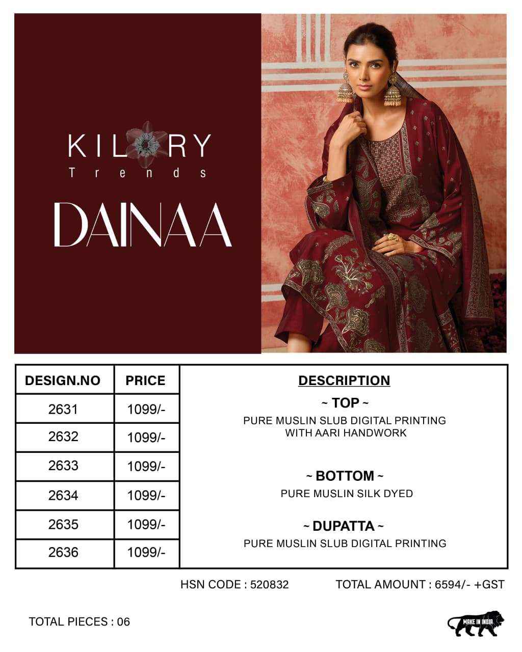 KILORY TRENDS DAINAA MUSLIN LADIES DRESS MATERIAL WHOLESALE PRICE ( 6 PCS CATALOGUE )