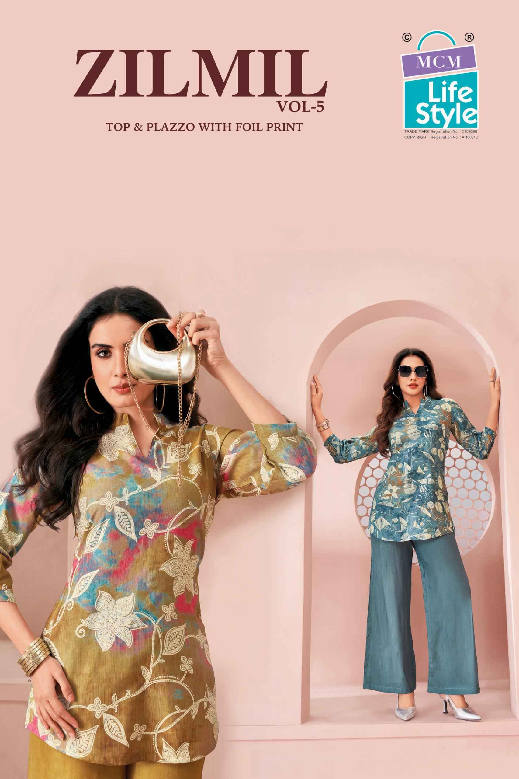 MCM Lifestyle Zilmil Vol 5 Vertican Top With Plazzo Set _ Wholesale Factory Rate ( 10 Pcs Catalog )