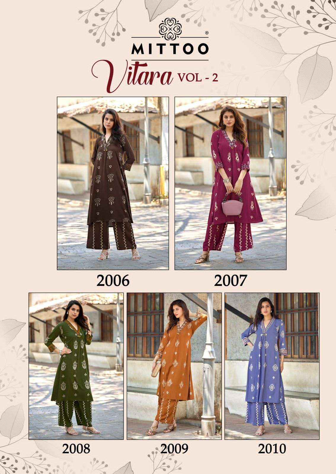 Mittoo Vitara Vol 2 Rayon Top With Bottom Wholesale Dealer ( 5 pcs Catalogue )