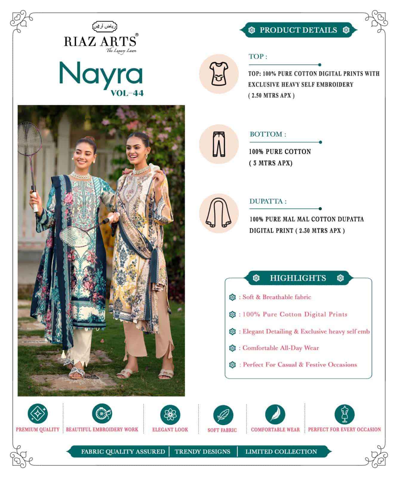 Riaz Arts Nayra Vol 44 Pure Cotton Pakistani Dress Material Wholesale Surat ( 8 Pcs Catalogue )