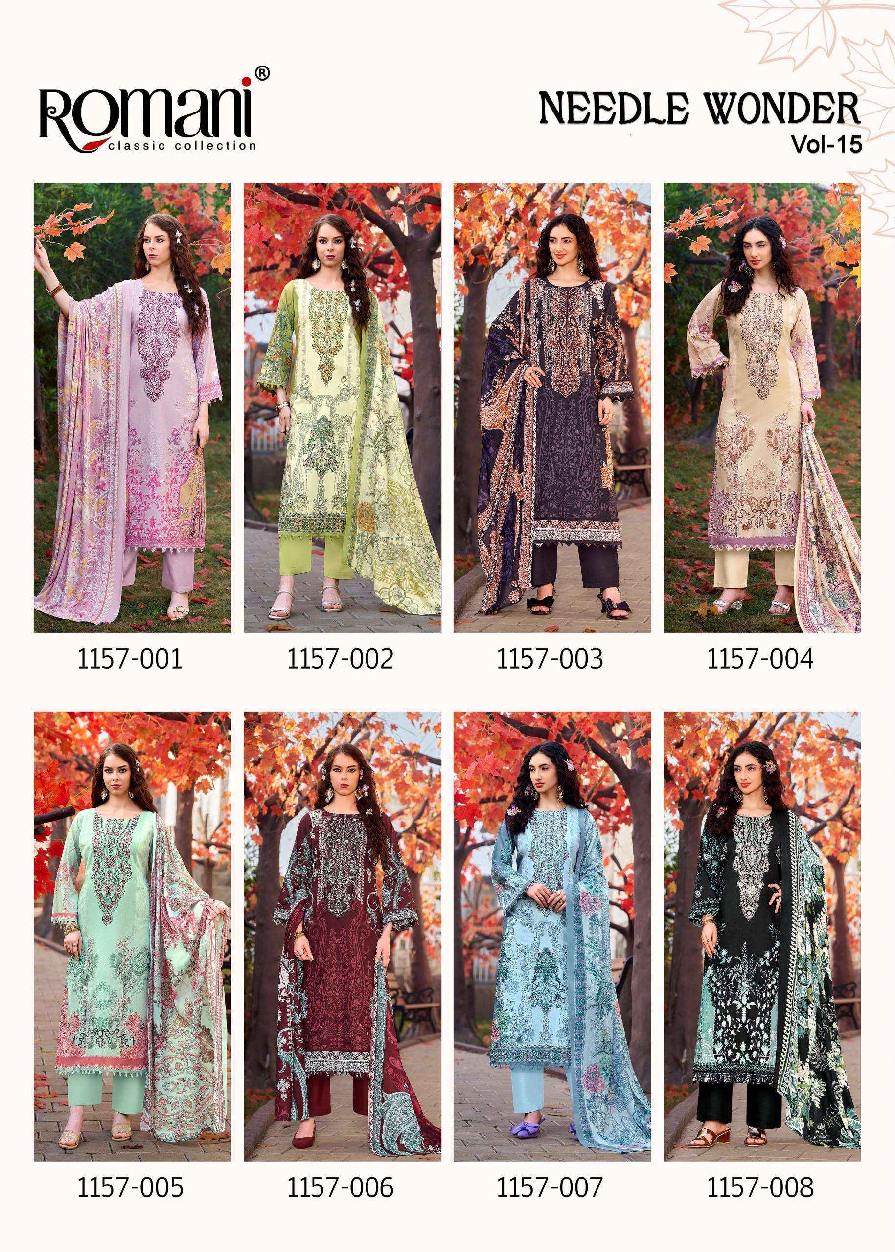 ROMANI NEEDLE WONDER VOL 15 COTTON DIGITAL PRINTS WITH FANCY WORK DRESS MATERIAL _ WHOLESALE FACTORY RATE ( 8 PCS CATALOG )