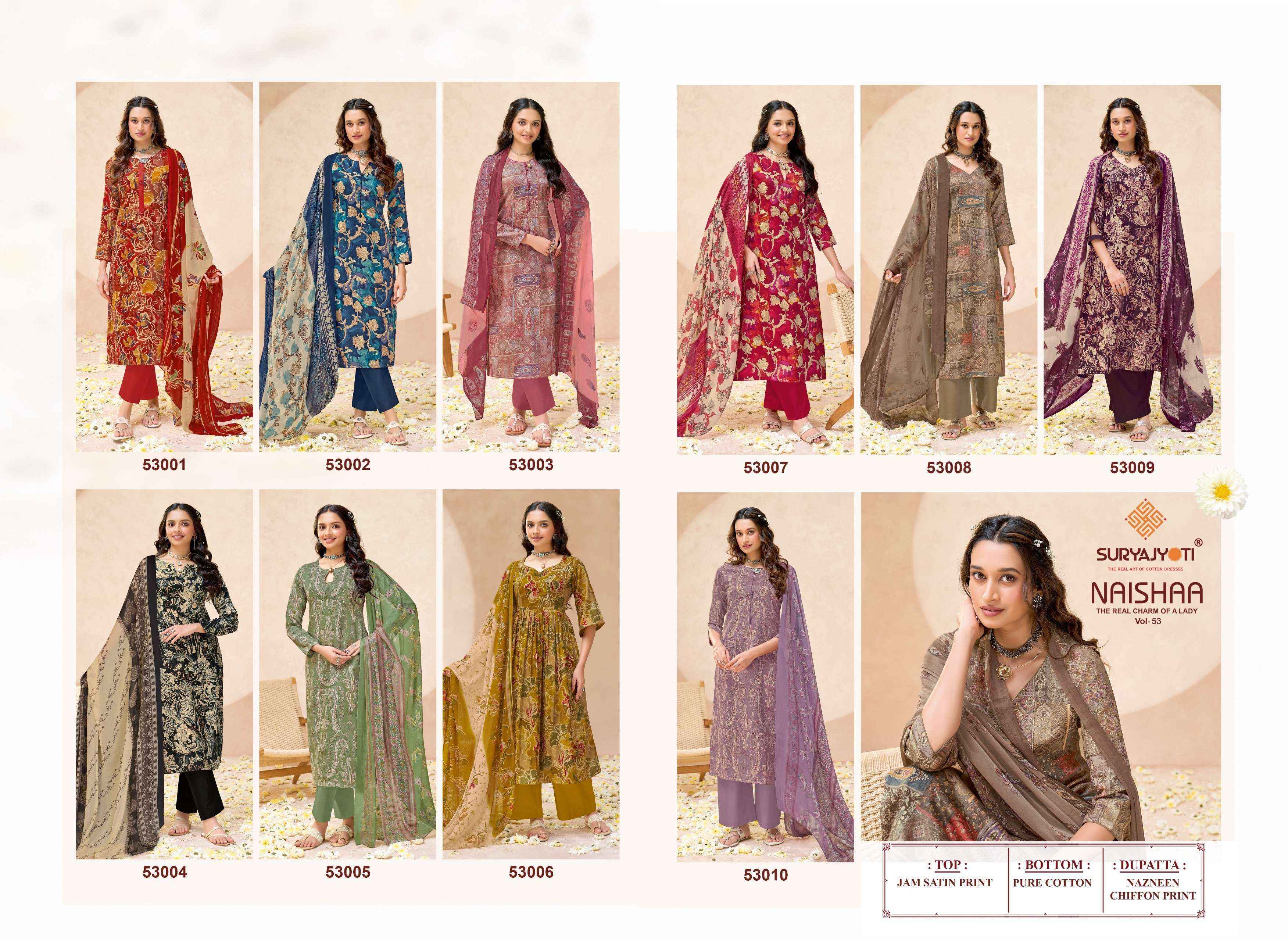 Suryajyoti Naishaa Vol 53 Jam Satin Dress Material Wholesale Surat ( 10 pcs Catalogue )