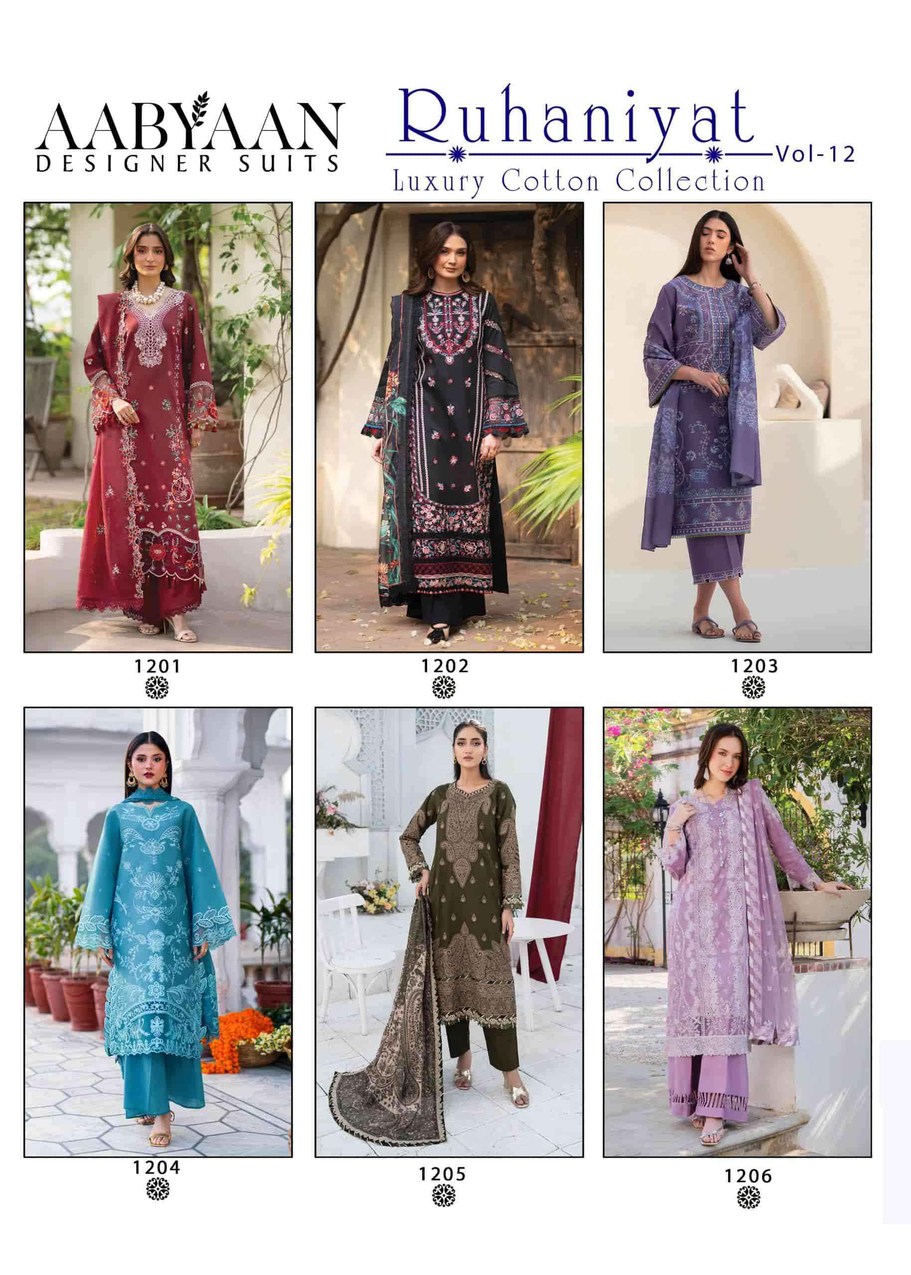 Aabyaan Ruhaniyat Vol 12 Exclusive Karachi Style Cotton Dress Material _ Wholesale Factory Rate ( 6 Pcs Catalog )