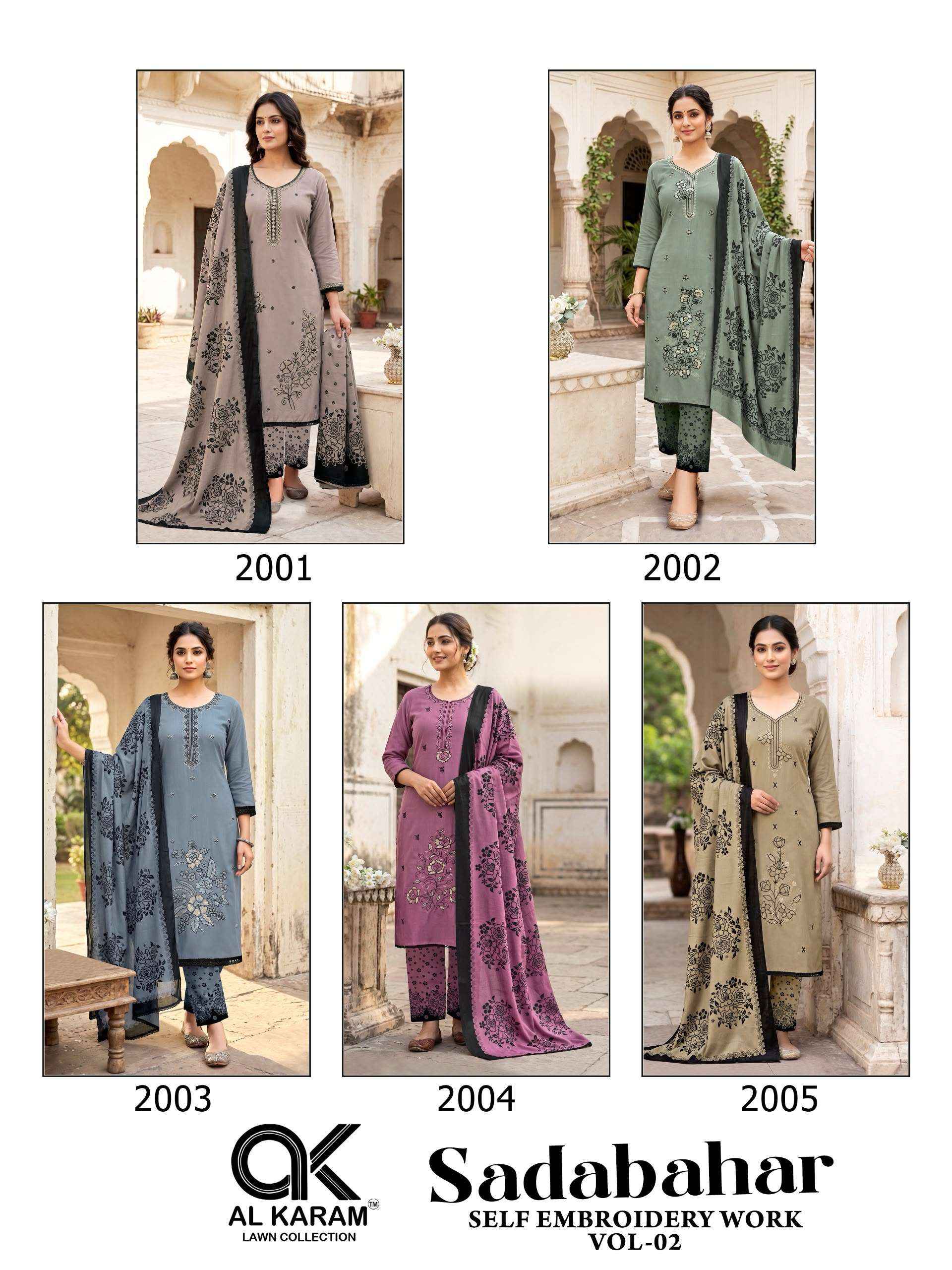Al Karam Sadabahar Vol 2 Rayon Dress Material - Wholesale textile Surat ( 5 Pcs Catalog )