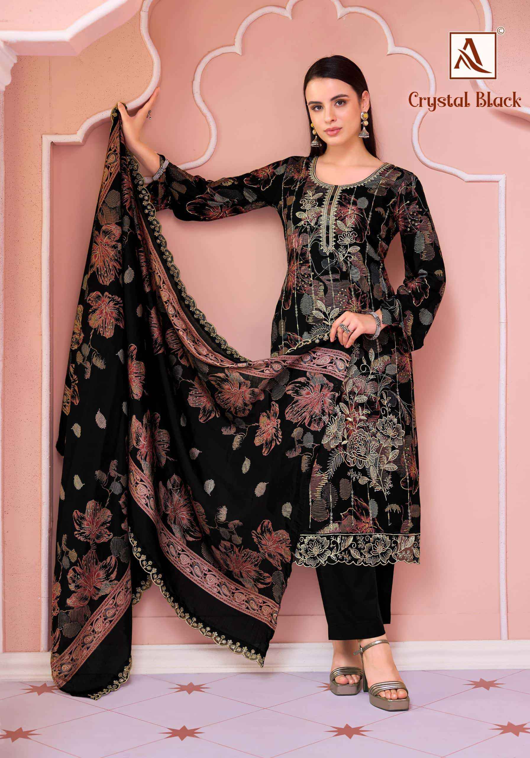 Alok Suit Crystal Black Premium Designs Rayon Dress Material _ Wholesale Factory Rate ( 6 Pcs Catalog )