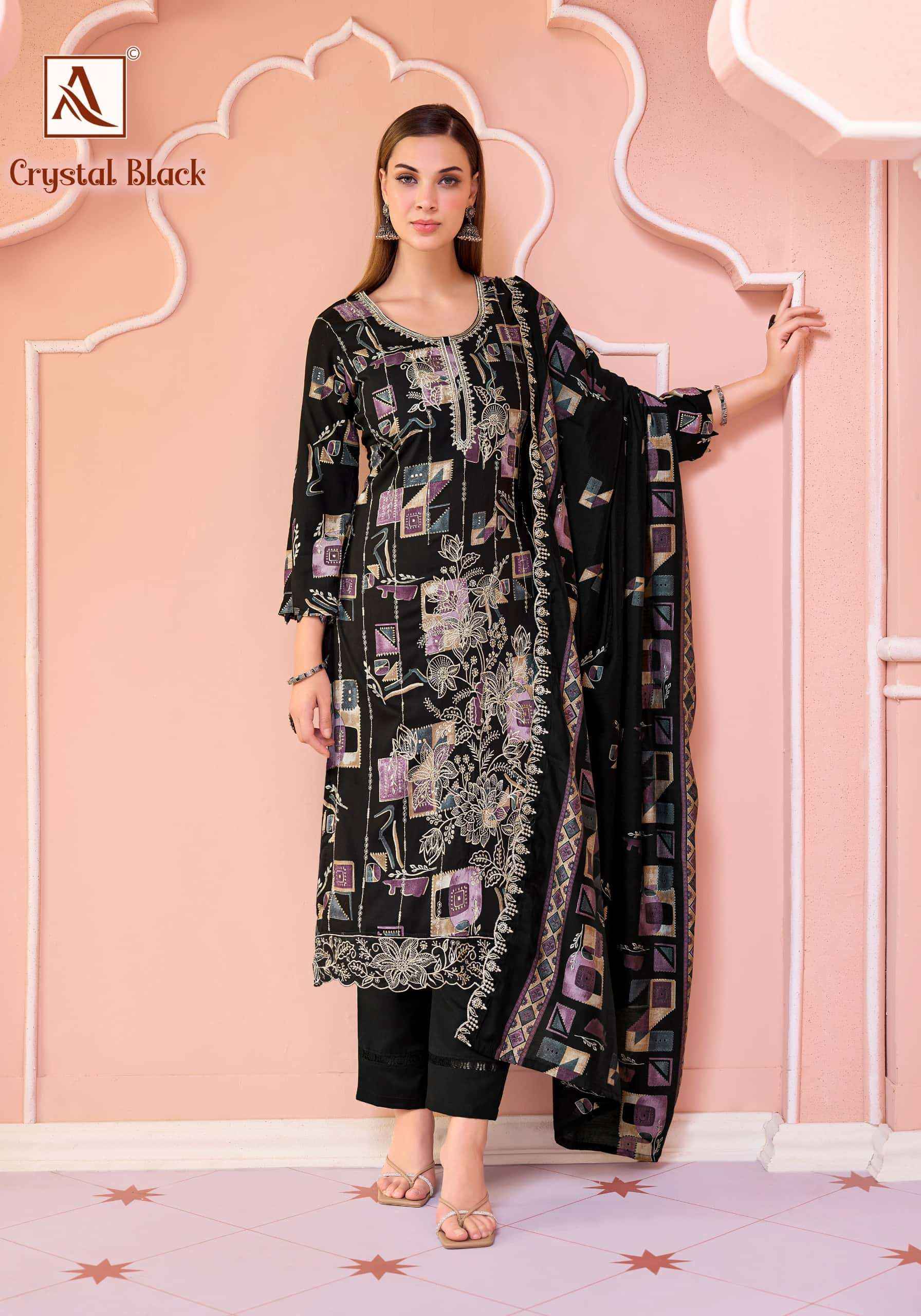 Alok Suit Crystal Black Premium Designs Rayon Dress Material _ Wholesale Factory Rate ( 6 Pcs Catalog )