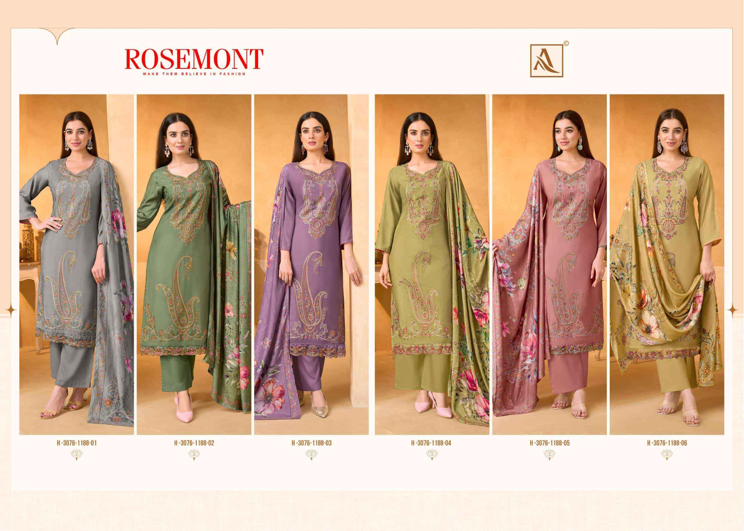 Alok Suit Rosemont Fancy Muslin Dress Material _ Wholesale Factory Rate ( 6 Pcs Catalog )