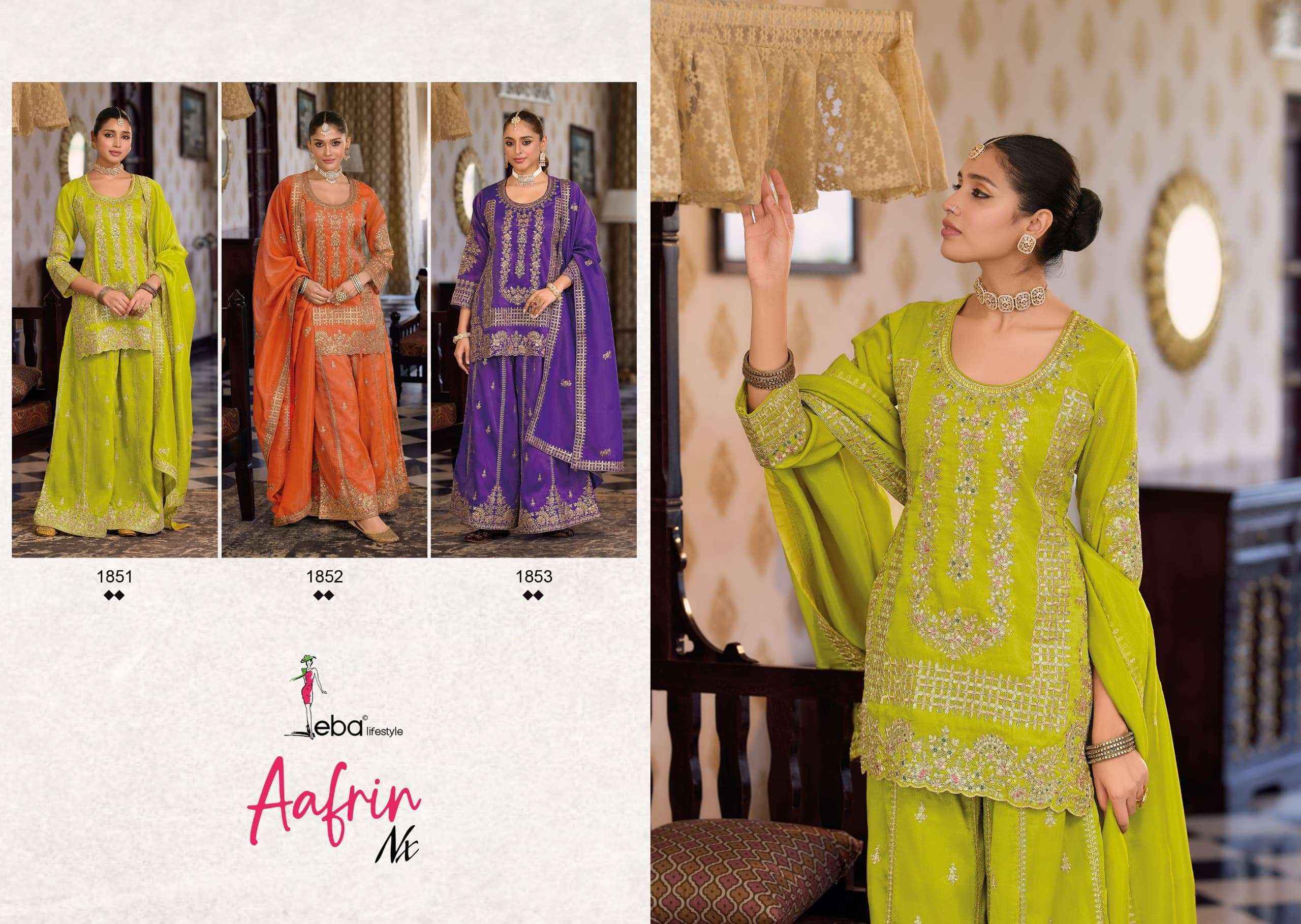 Eba Lifestyle Aafrin nx Chinon Designer Palazzo Suit _ Wholesale Factory Rate ( 3 Pcs Catalog )