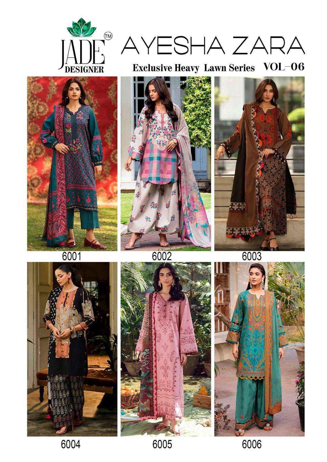 Jade Ayesha Zara Vol 6 Karachi Print Lawn Cotton Dress Material _ Wholesale Factory Rate ( 6 Pcs Catalog )