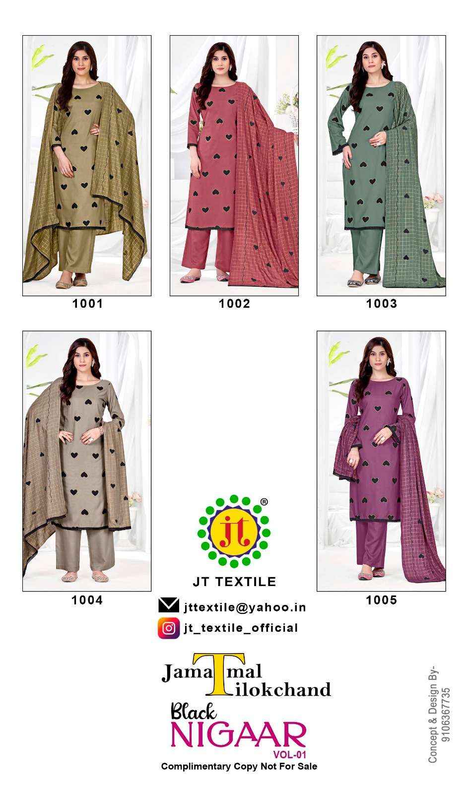 Jt Black Nigaar Vol 1 Premium Design Rayon Dress Material Wholesale Factory Rate ( 5 Pcs Catalog )