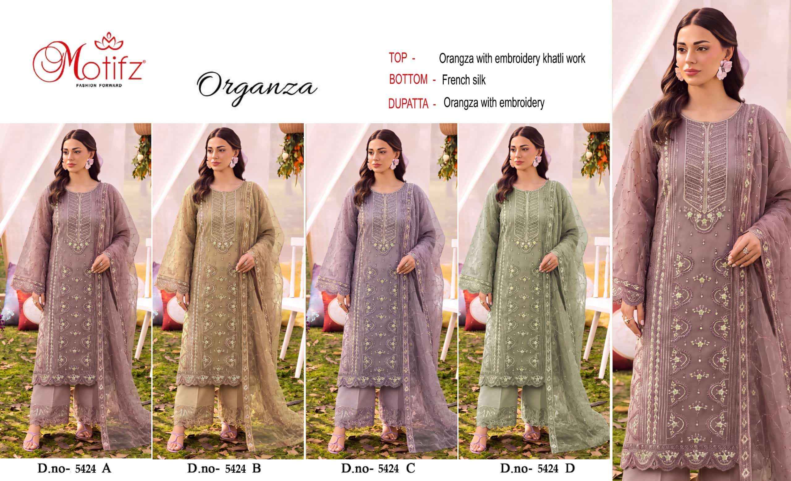 Motifz D 5424 Abcd Designer Pakistani Organza Dress Material _ Wholesale Factory Rate ( 4 Pcs Catalog )