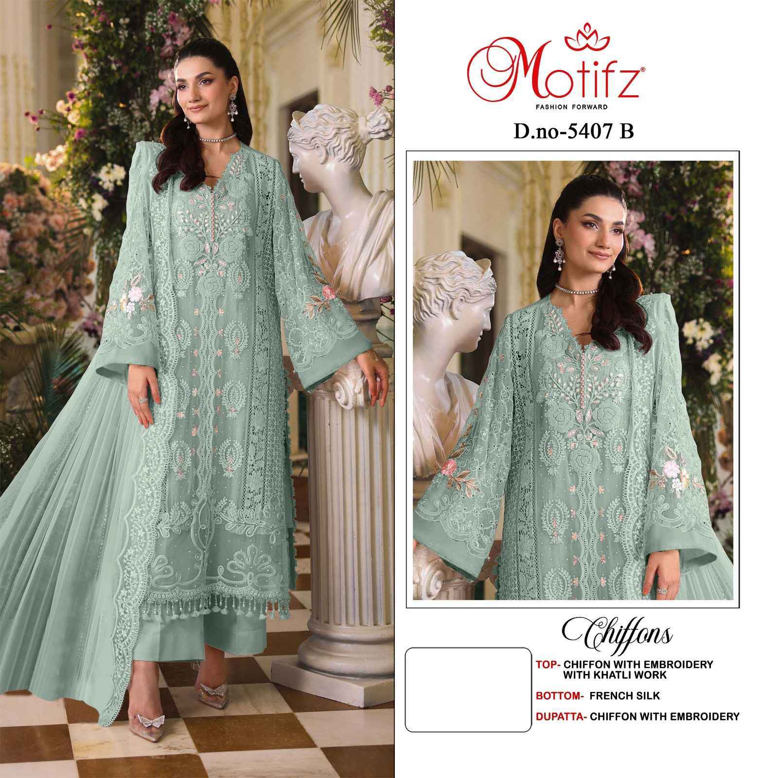Motifz D No 5407 Chiffon Dress Material _ Wholesale Factory Rate ( 4 Pcs Catalog )