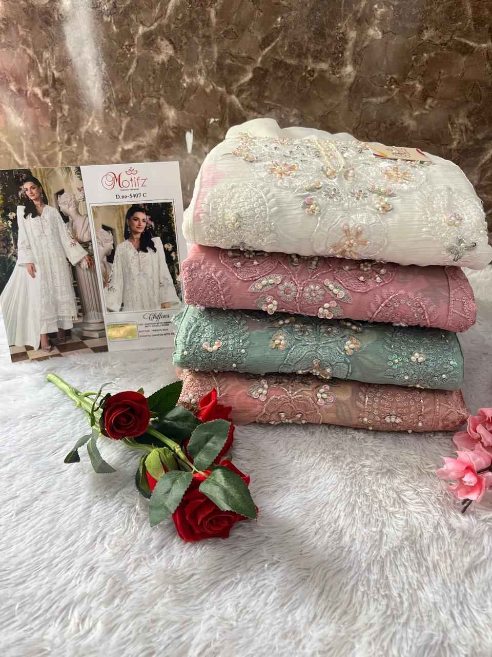 Motifz D No 5407 Chiffon Dress Material _ Wholesale Factory Rate ( 4 Pcs Catalog )