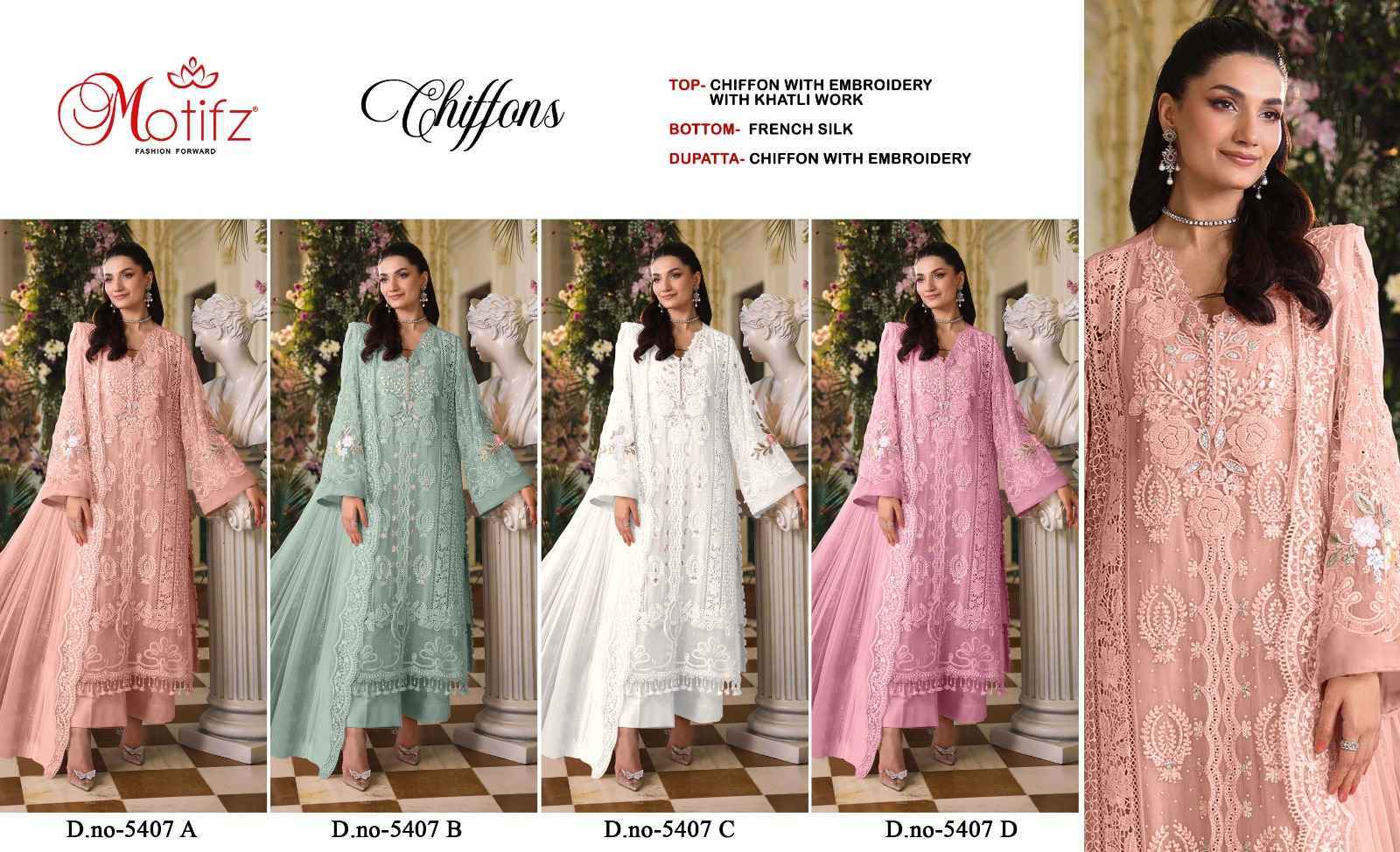 Motifz D No 5407 Chiffon Dress Material _ Wholesale Factory Rate ( 4 Pcs Catalog )