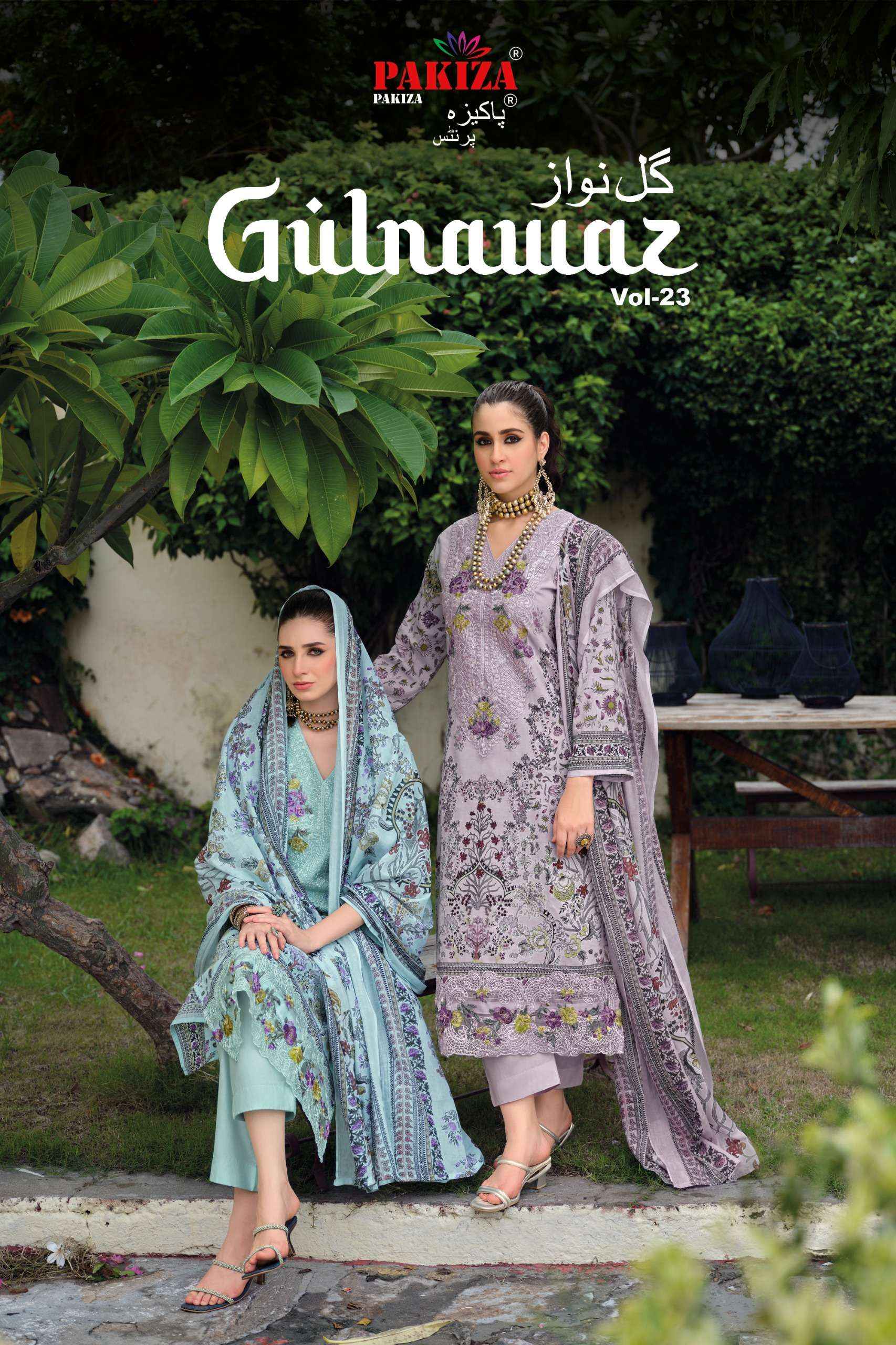PAKIZA PRINTS GULNAWAZ VOL 23 LAWN COTTON DIGITAL PRINTED WITH EMBROIDERY WORK DRESS MATERIAL _ WHOLESALE FACTORY RATE ( 4 PCS CATALOG )