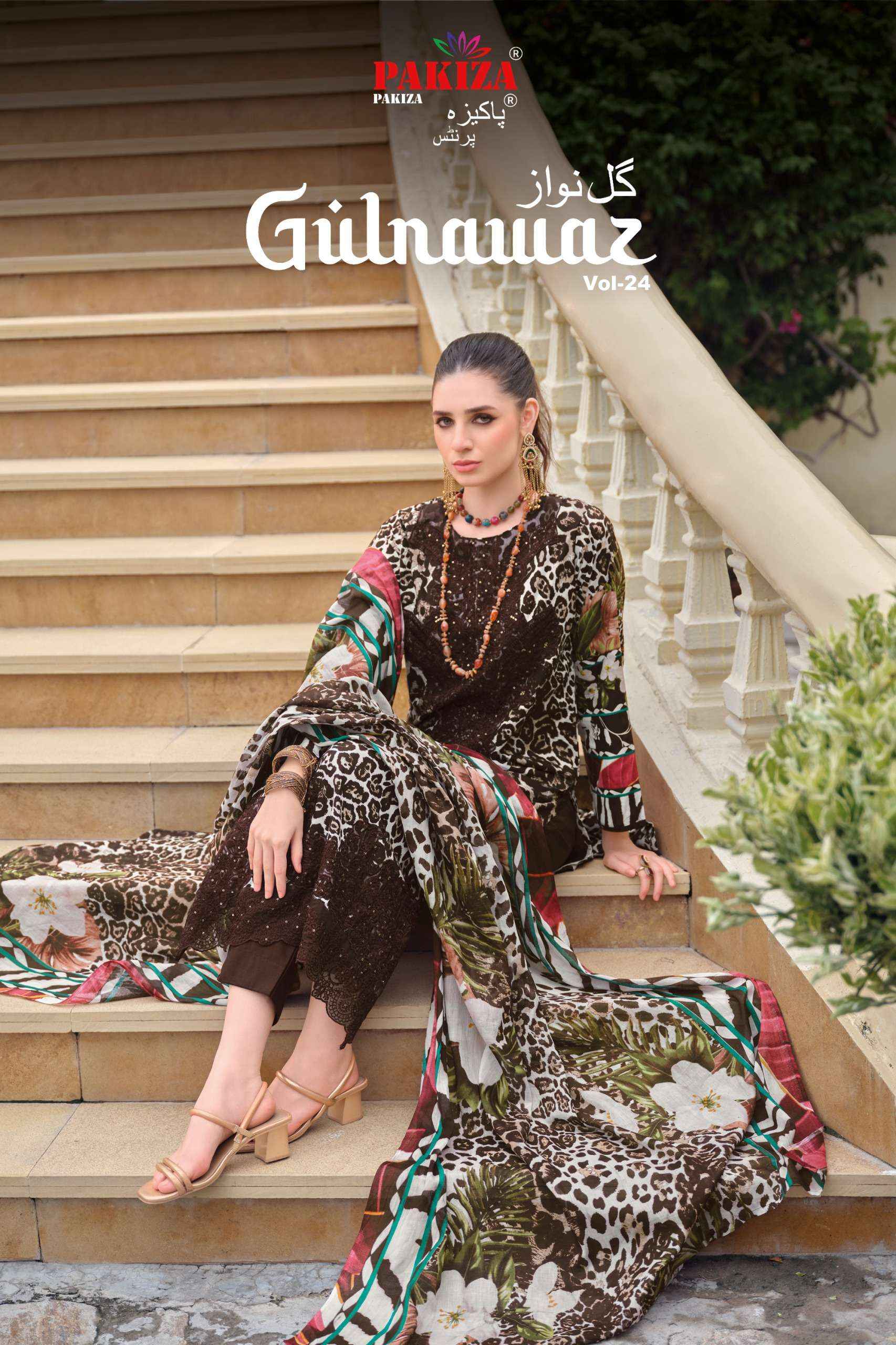 PAKIZA PRINTS GULNAWAZ VOL 24 LAWN FANCY DESIGNER WORK DRESS MATERIAL _ WHOLESALE FACTORY RATE ( 4 PCS CATALOG )