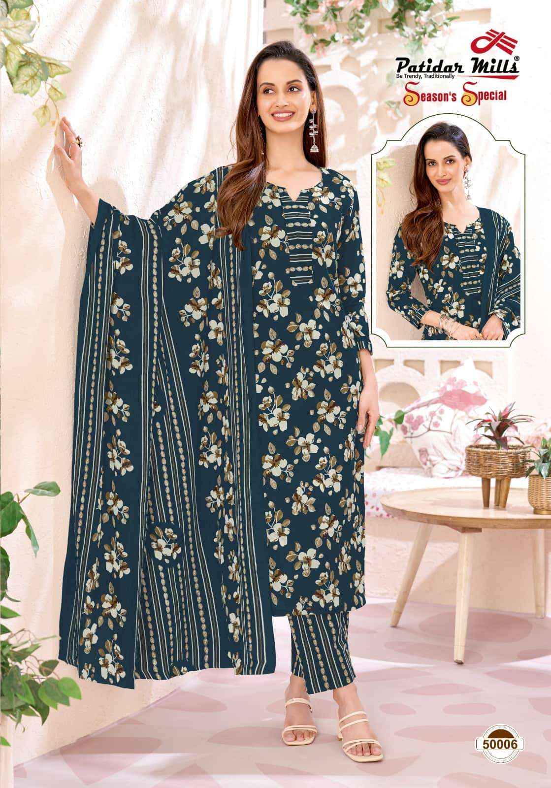 Patidar Mills Seasons Special Vol 50 Pure Cotton Unstitch Suit _ Wholesale Price ( 10 Pcs Catalog )