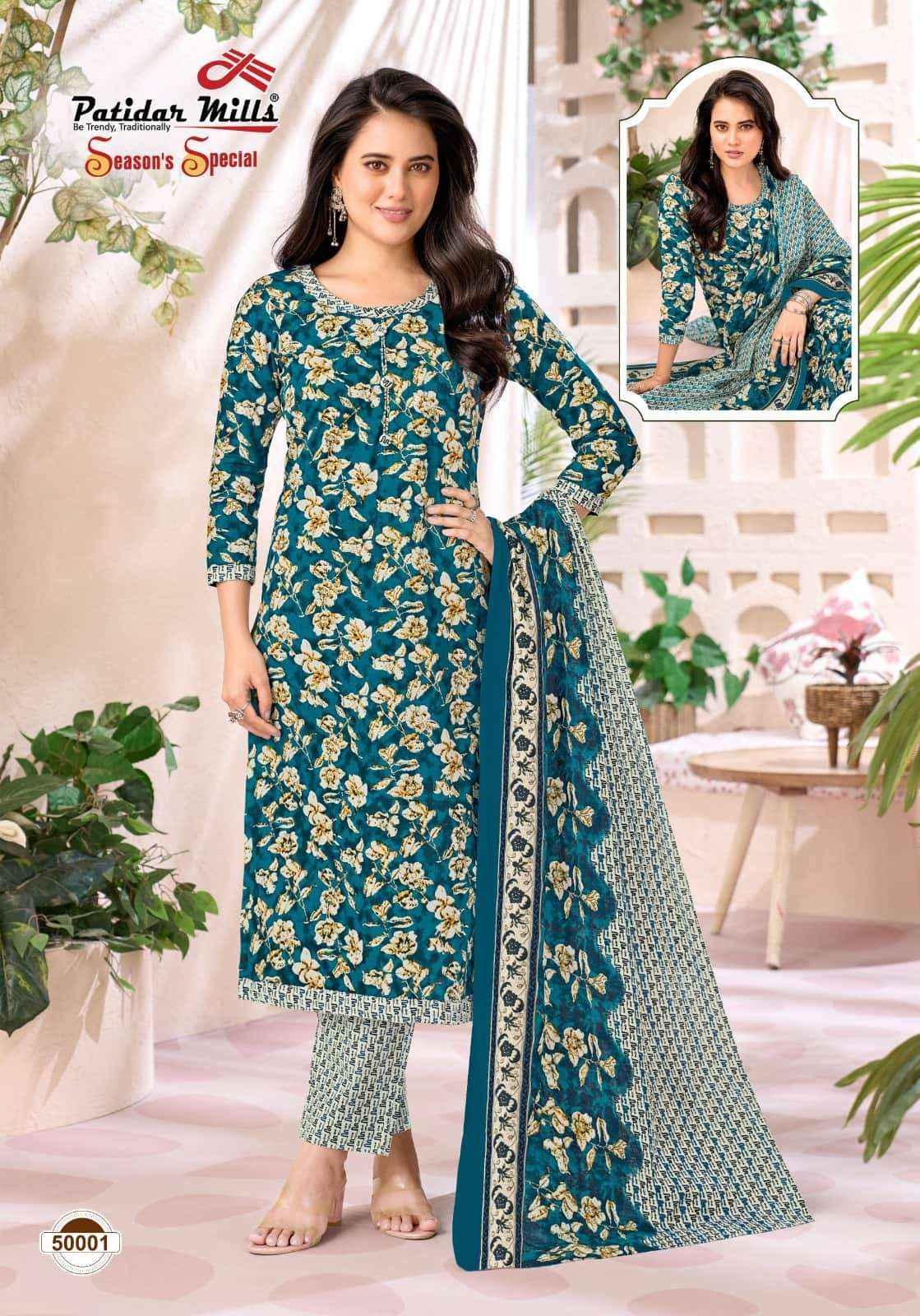 Patidar Mills Seasons Special Vol 50 Pure Cotton Unstitch Suit _ Wholesale Price ( 10 Pcs Catalog )