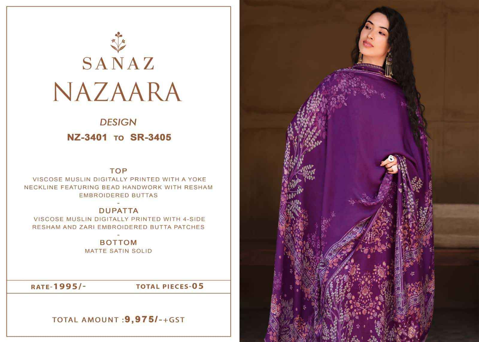 Sanaz Nazaara Digital Printed Exclusive Muslin Dress Material _ Wholesale Factory Rate ( 5 Pcs Catalog )