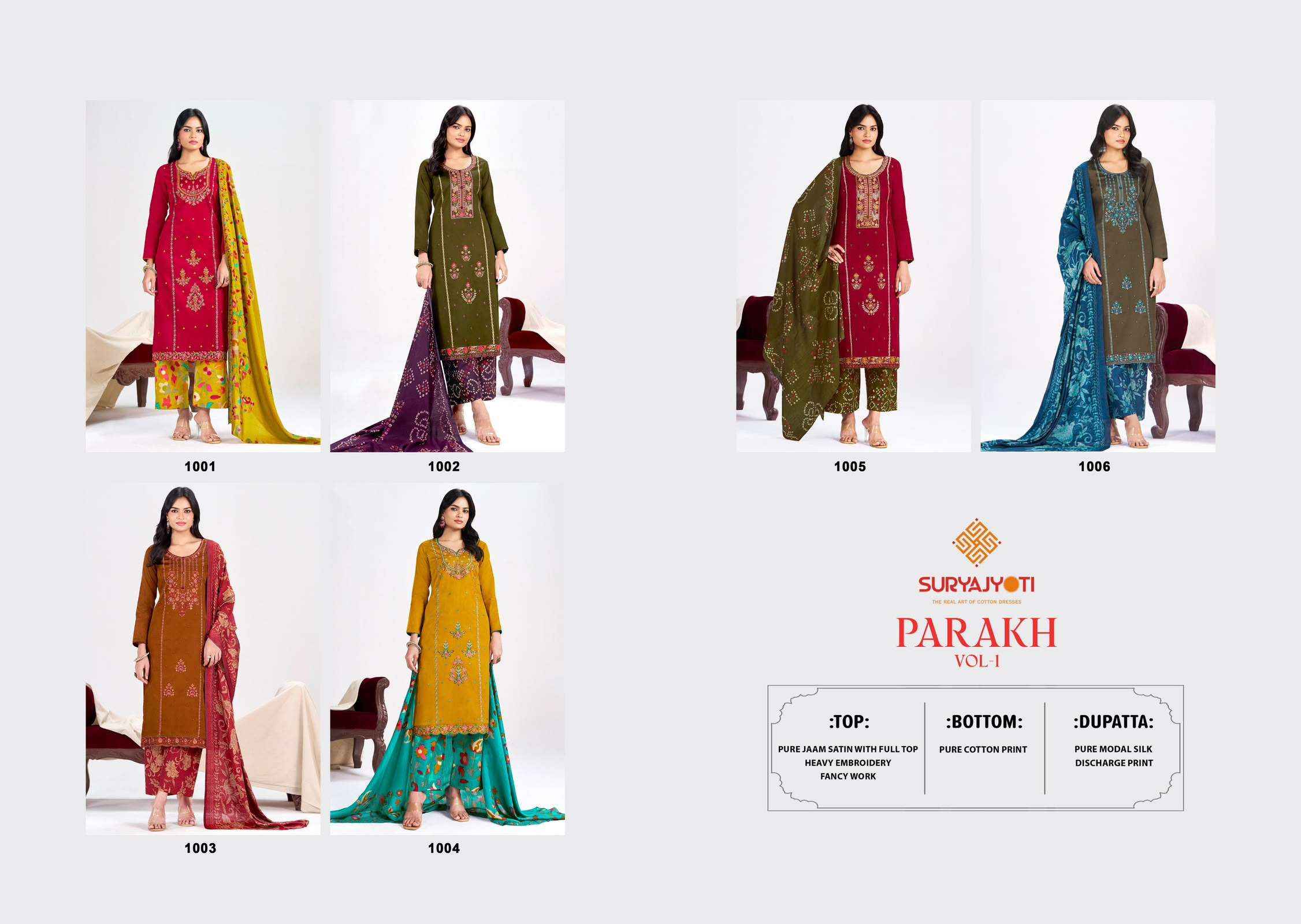 Suryajyoti Parakh Vol 1 - Jam Satin Salwar Suit Dress Material ( 6 Pcs Catalog )