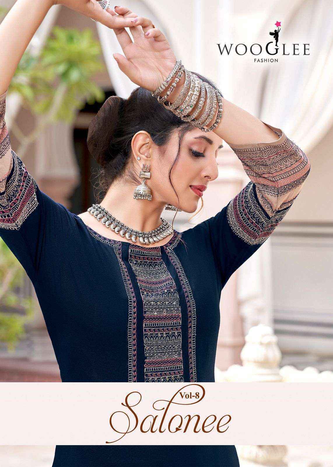 Wooglee Salonee Vol 8 Heavy Rayon Handwork Long Straight Kurti | Surat Wholesale Market (6 Pcs Set)