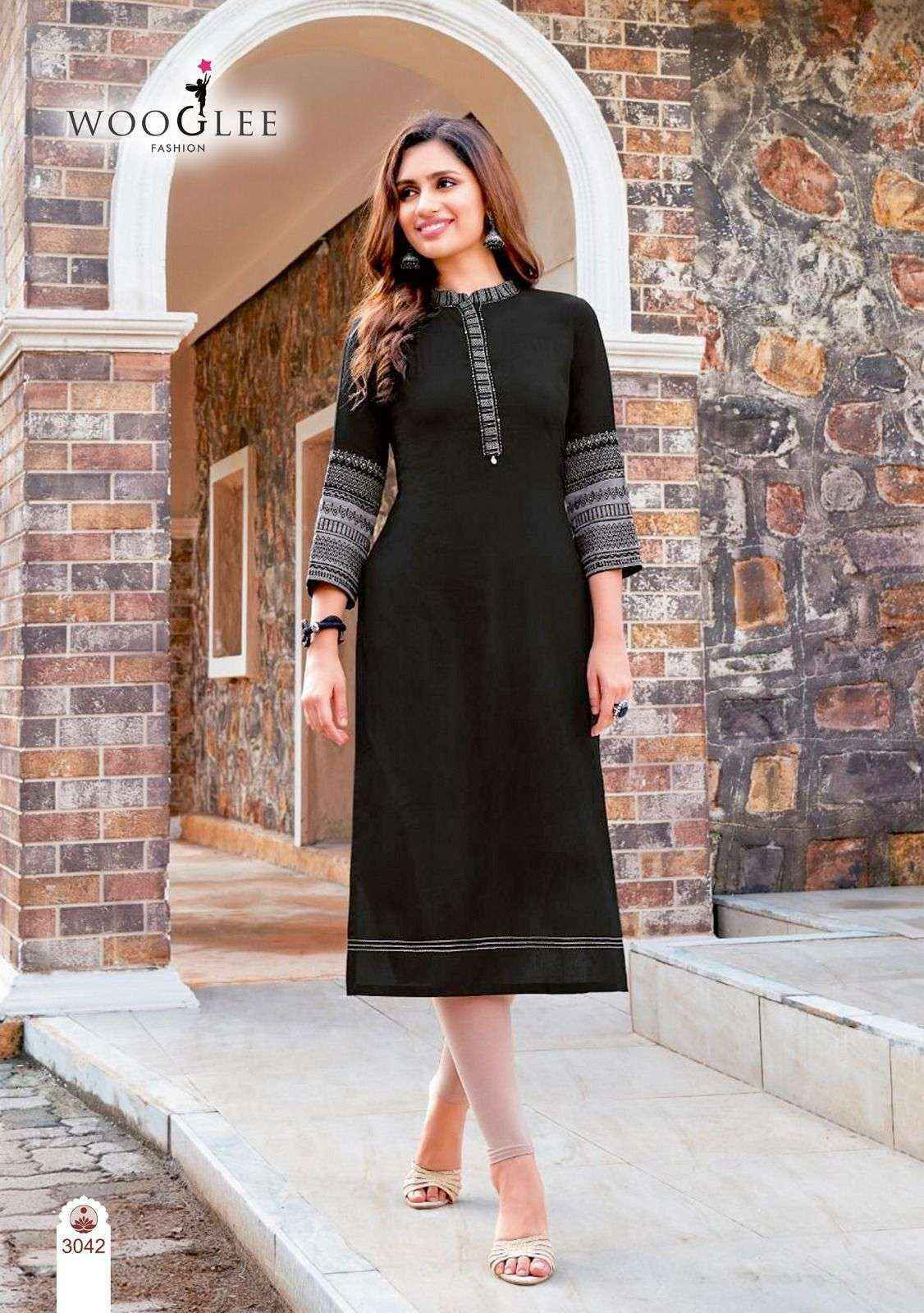Wooglee Salonee Vol 8 Heavy Rayon Handwork Long Straight Kurti | Surat Wholesale Market (6 Pcs Set)