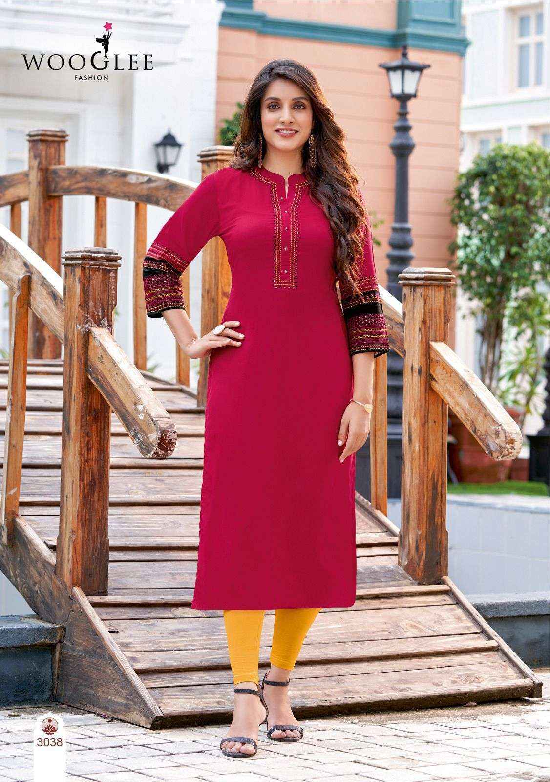 Wooglee Salonee Vol 8 Heavy Rayon Handwork Long Straight Kurti | Surat Wholesale Market (6 Pcs Set)