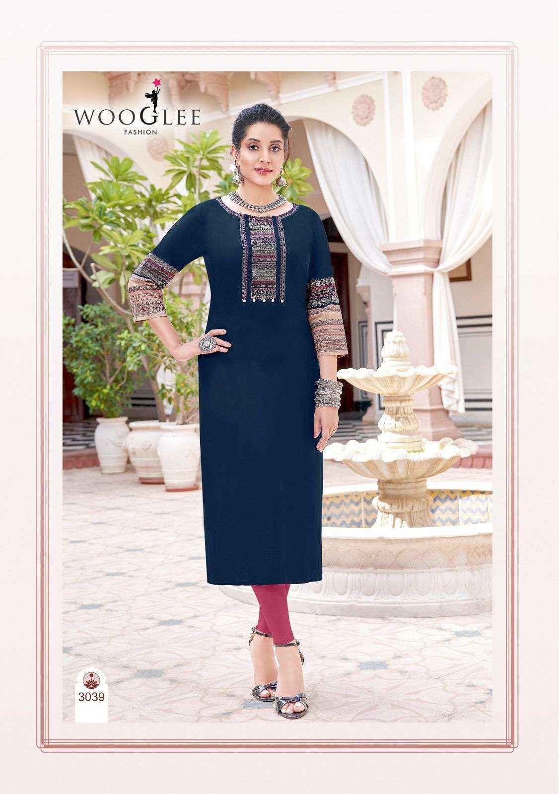 Wooglee Salonee Vol 8 Heavy Rayon Handwork Long Straight Kurti | Surat Wholesale Market (6 Pcs Set)