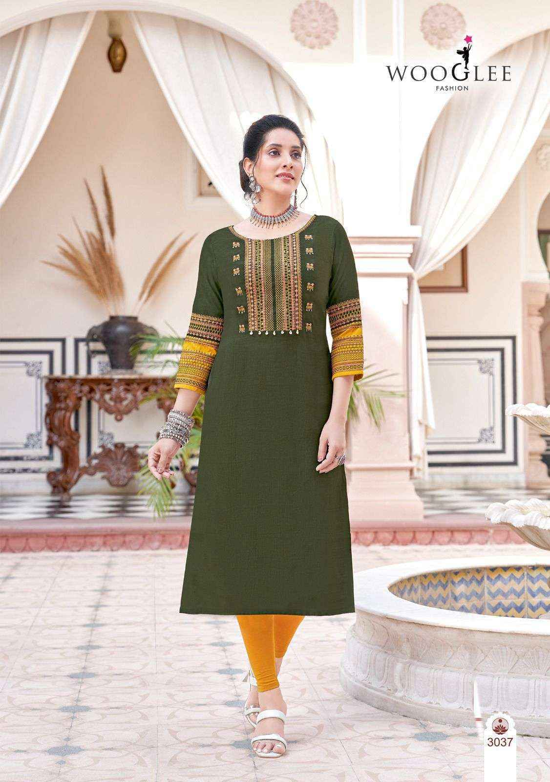 Wooglee Salonee Vol 8 Heavy Rayon Handwork Long Straight Kurti | Surat Wholesale Market (6 Pcs Set)