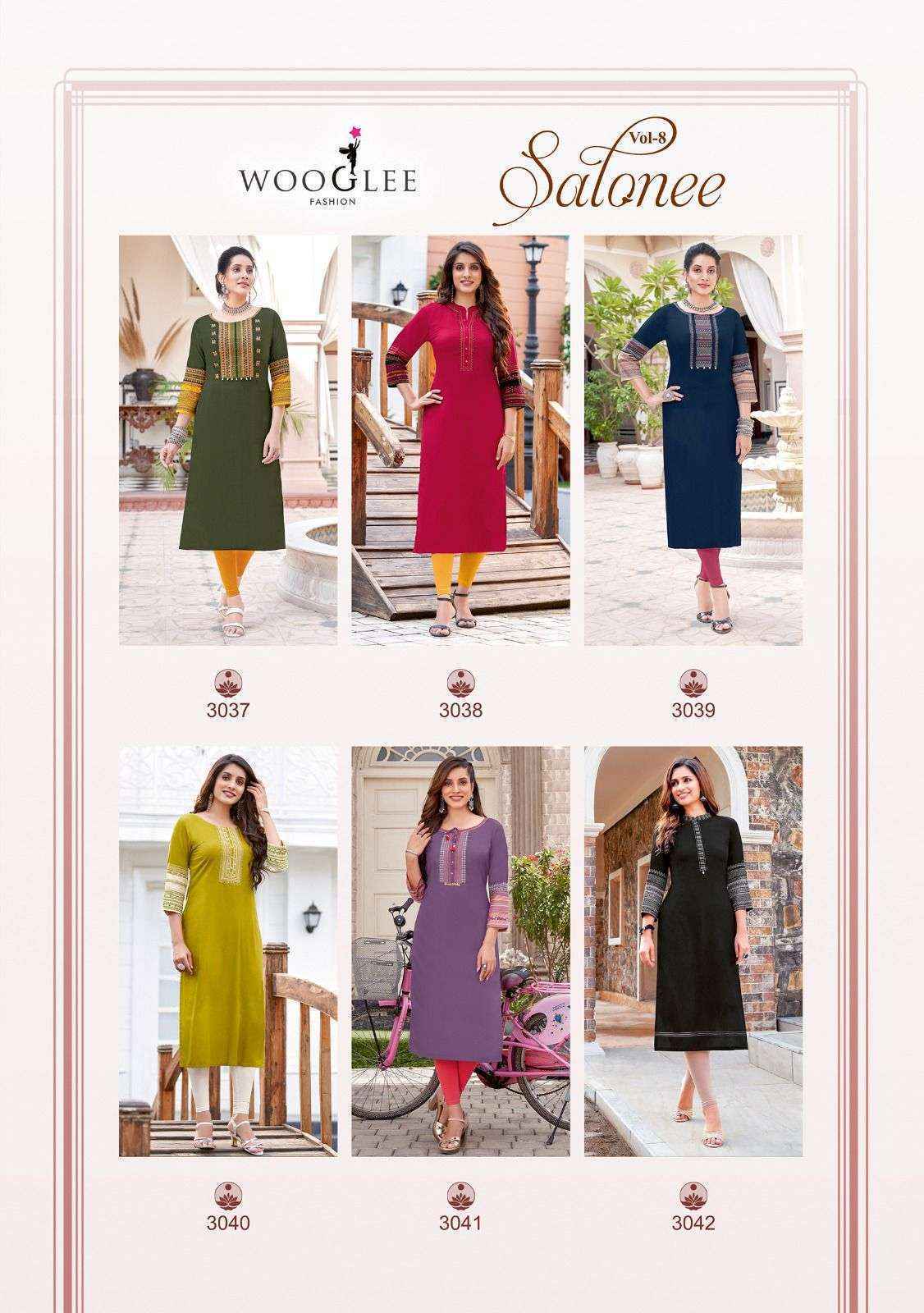 Wooglee Salonee Vol 8 Heavy Rayon Handwork Long Straight Kurti | Surat Wholesale Market (6 Pcs Set)