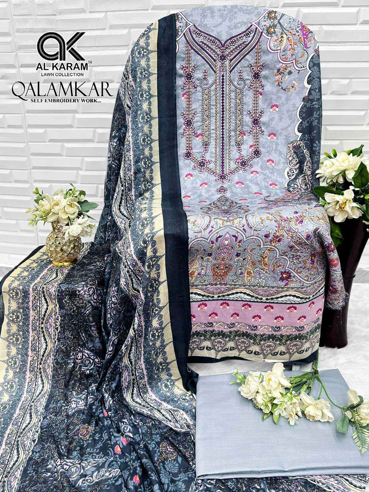 Al Karam Qalamkar Pure Lawn Cotton Dress Material 6Pcs Catalog