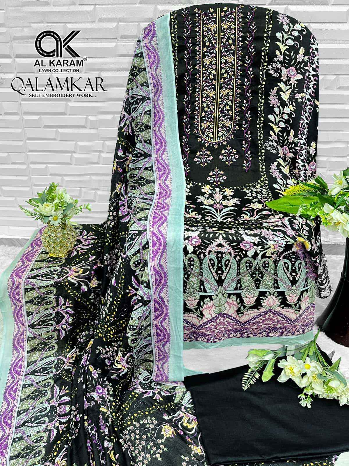 Al Karam Qalamkar Pure Lawn Cotton Dress Material 6Pcs Catalog