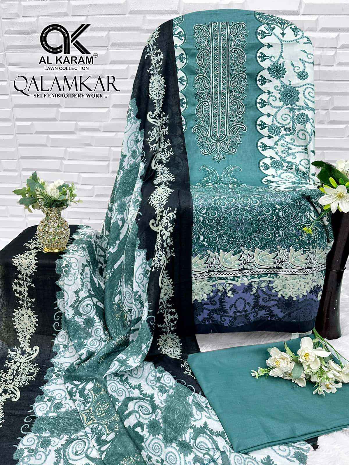 Al Karam Qalamkar Pure Lawn Cotton Dress Material 6Pcs Catalog