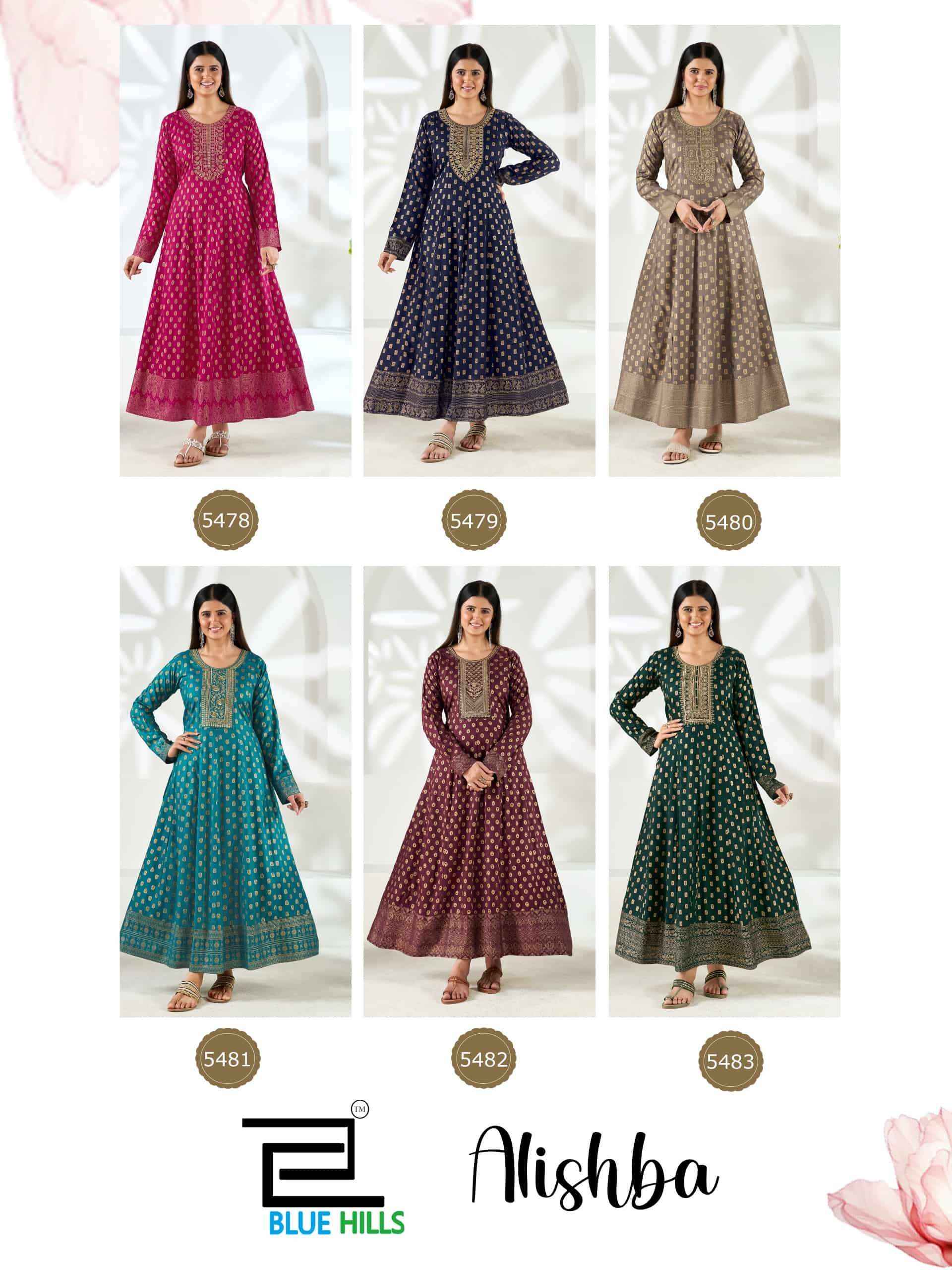 Blue Hills Alishba Premium Style Anarkali Gown Collection 6 Pcs Catalog 