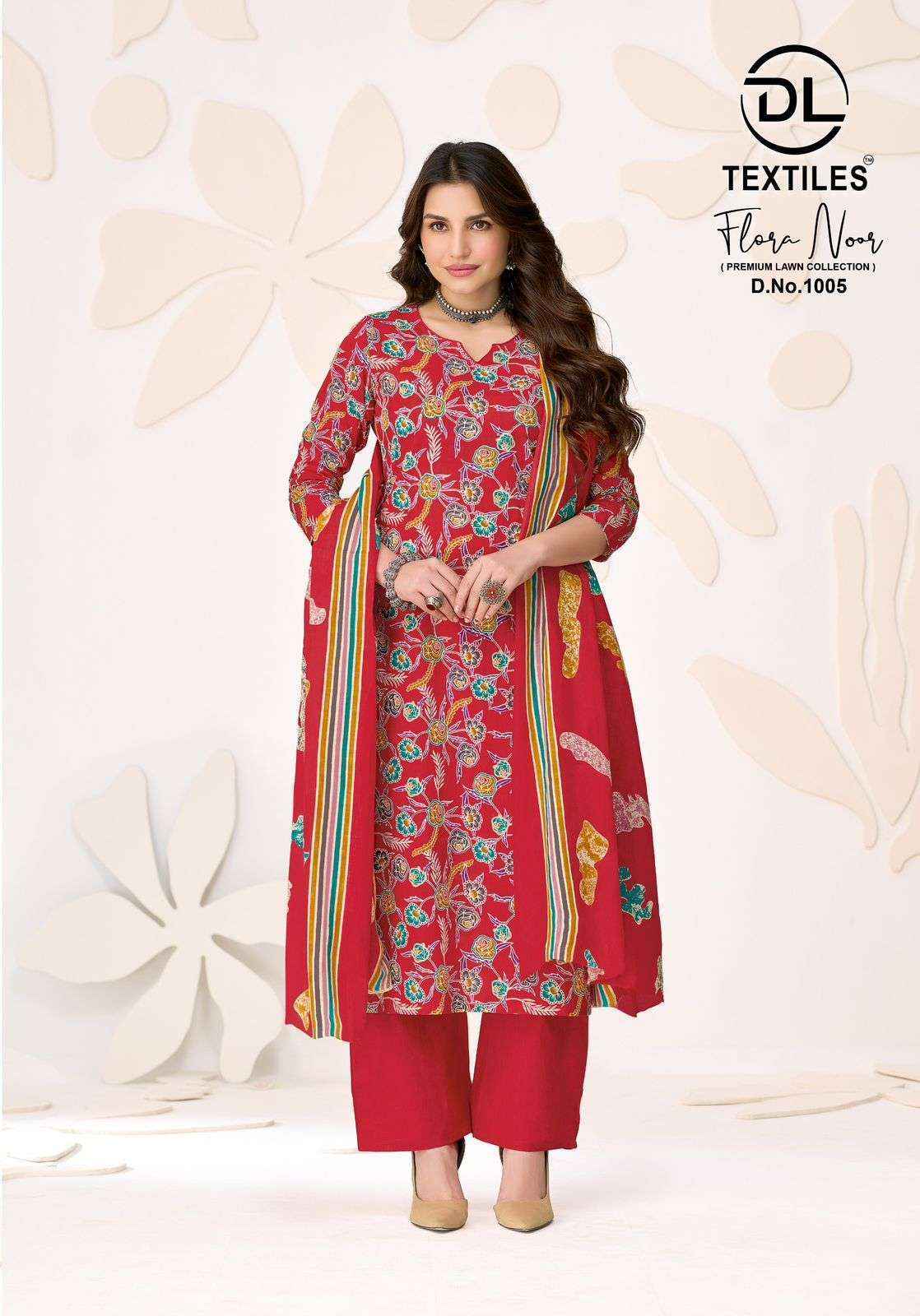 DL TEXTILES FLORA NOOR VOL 1 LAWN COTTON DRESS MATERIAL 8 PCS CATALOG 