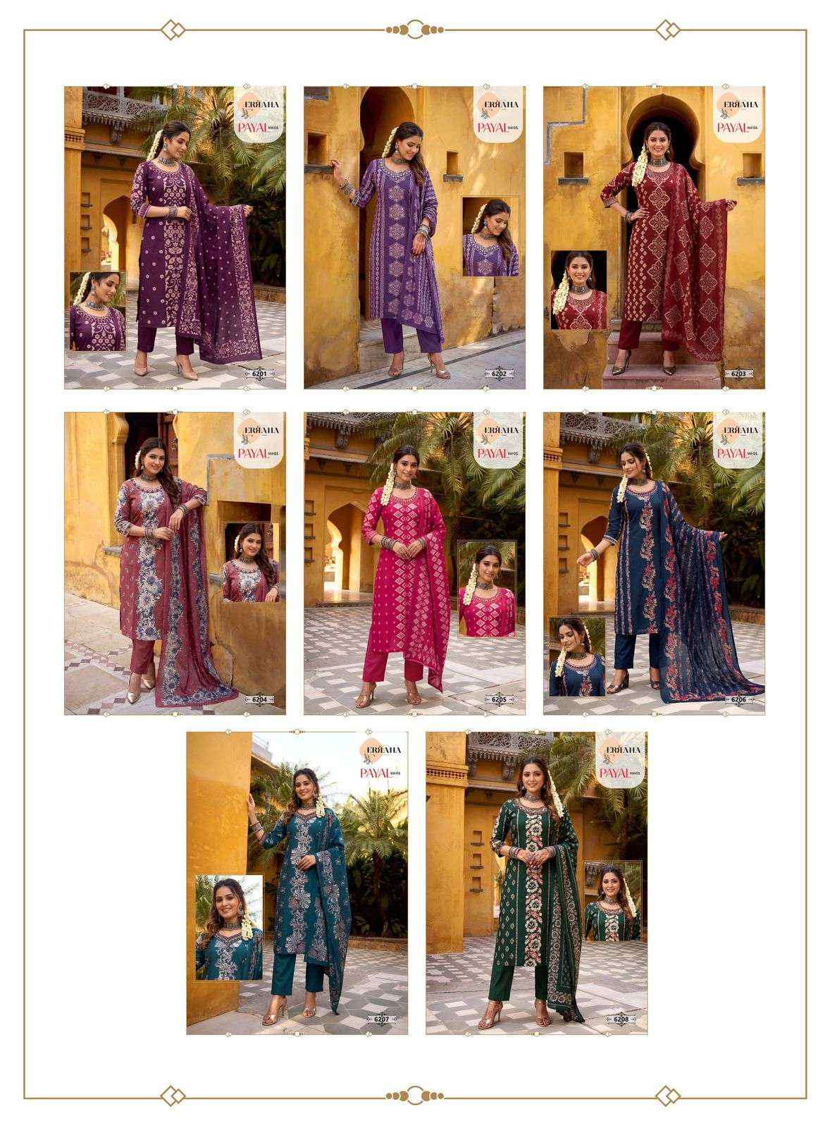 Erraha Payal Vol 1 Premium Designs Kurti Pant Dupatta Set  _ Wholesale Factory Rate ( 8 Pcs Catalog )